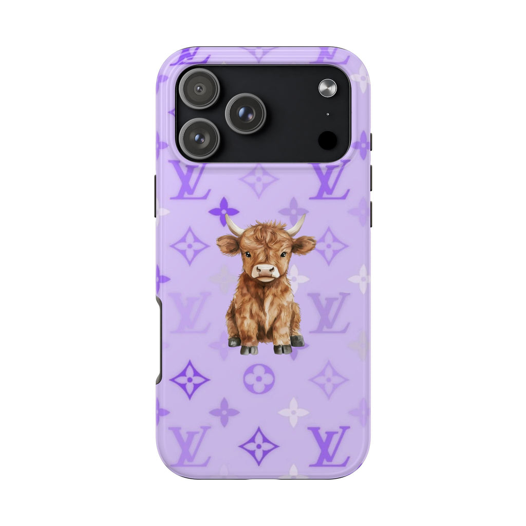 Lavender phone case with Highland cow graphic and purple monogram pattern; raised camera area