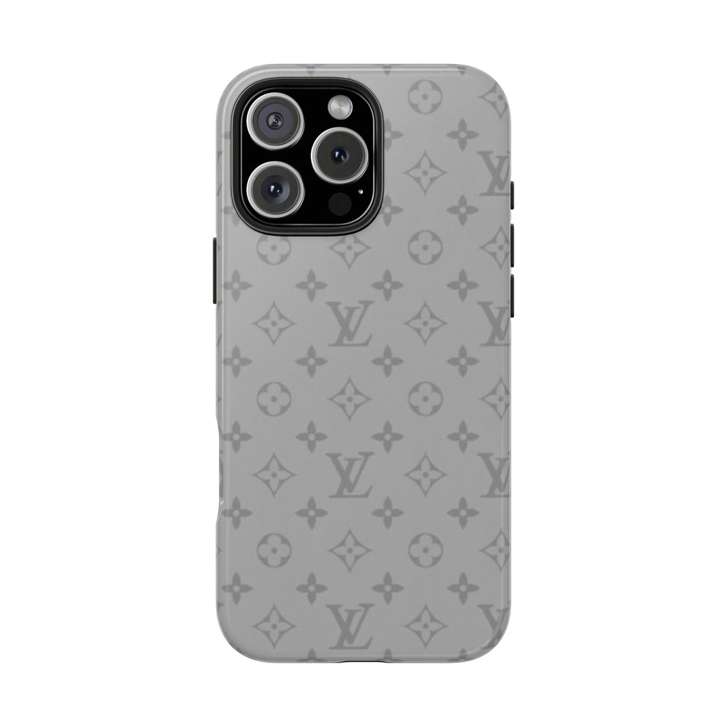 Gray LV monogram phone case with cutouts and raised camera bezel