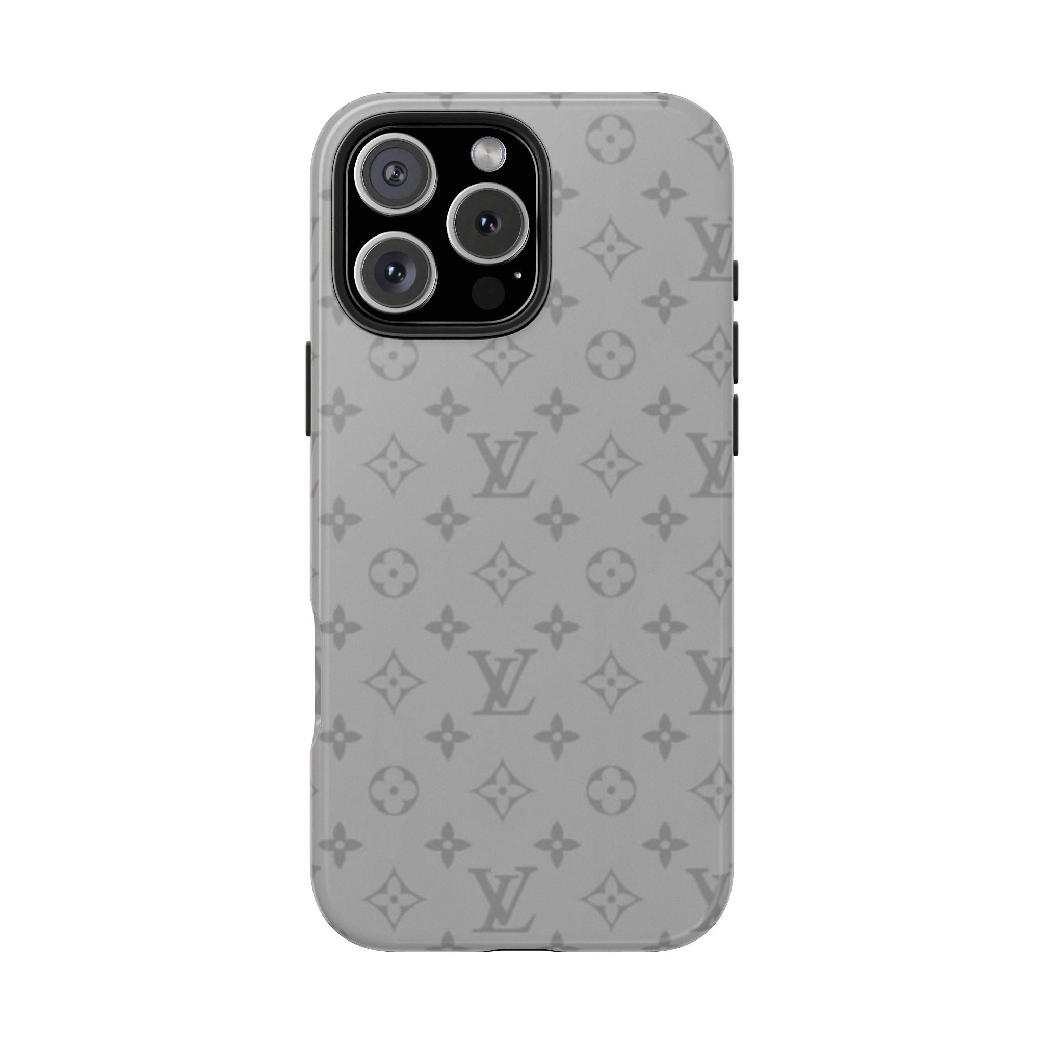 Gray LV monogram phone case with cutouts and raised camera bezel