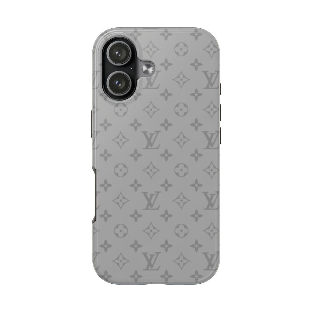 Gray LV patterned phone case with camera cutouts and slim side profile