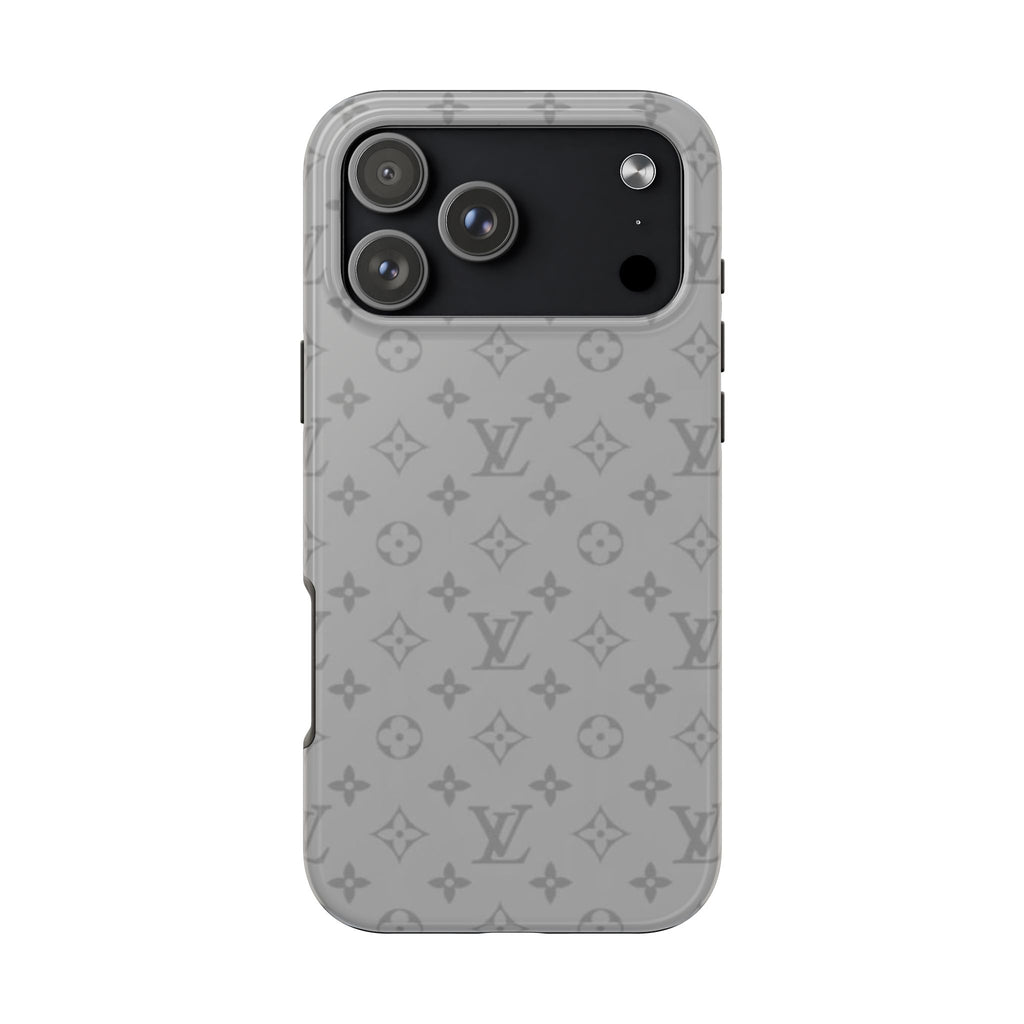 Gray LV patterned phone case with camera cutouts and raised lens bezel