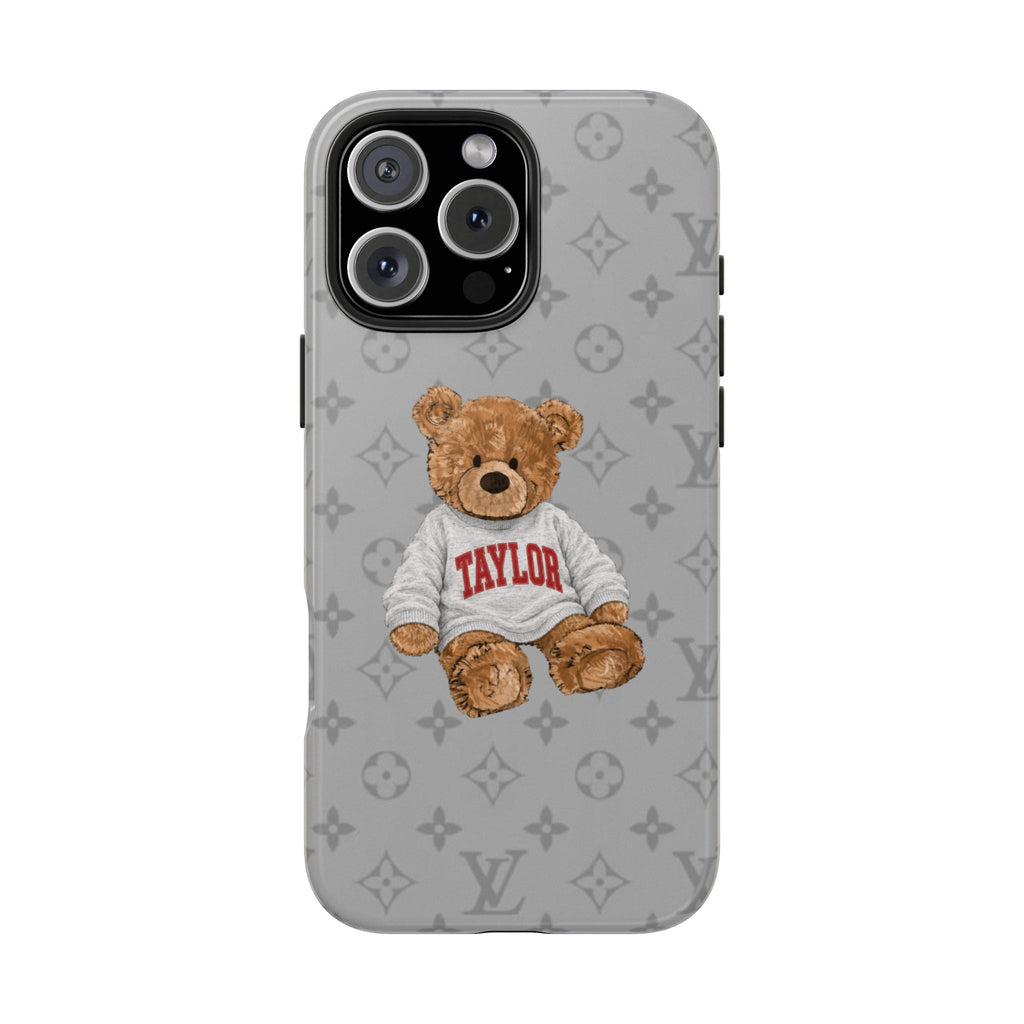 Gray teddy bear phone case with LV monogram, TAYLOR shirt graphic