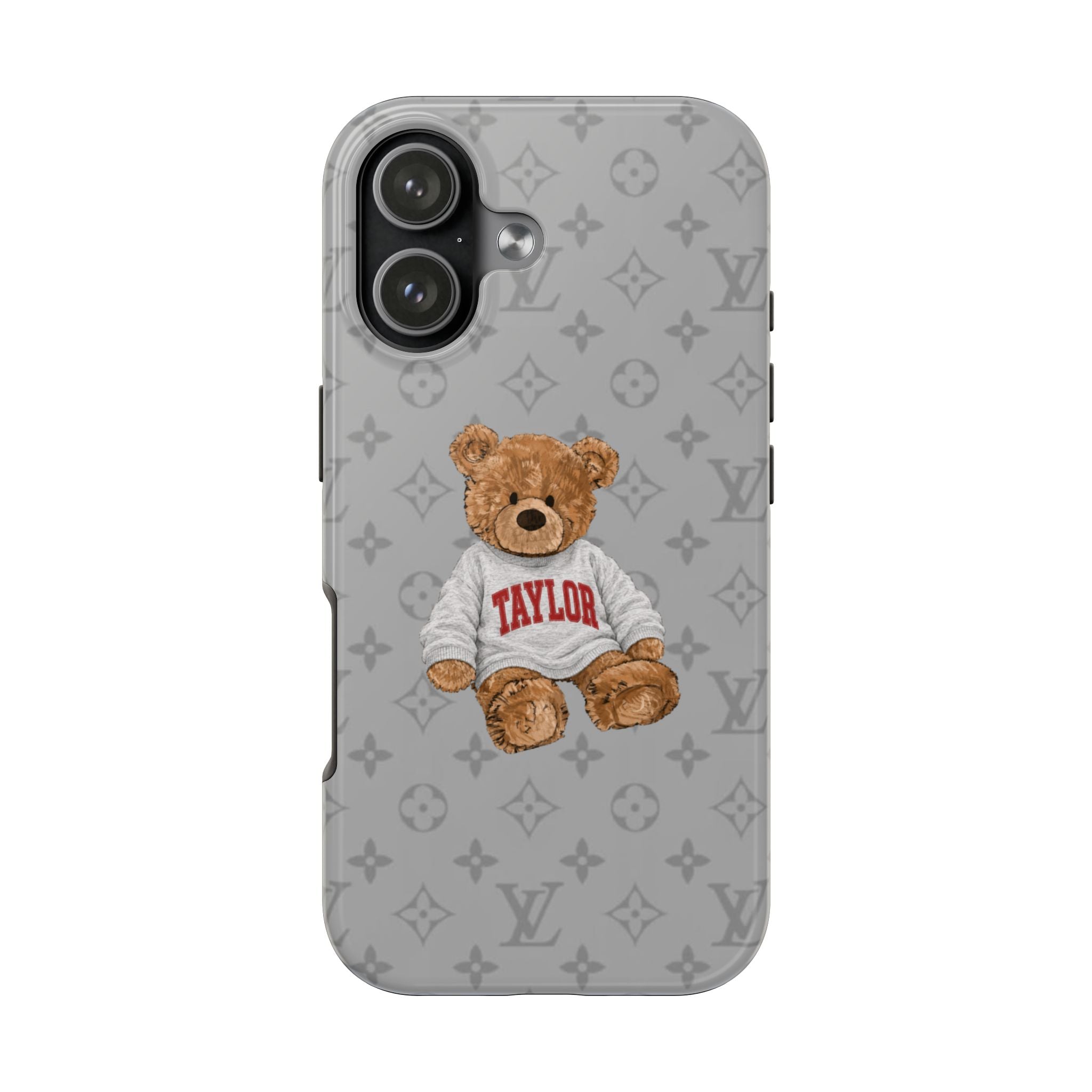 Gray teddy bear phone case with LV monogram pattern and TAYLOR shirt