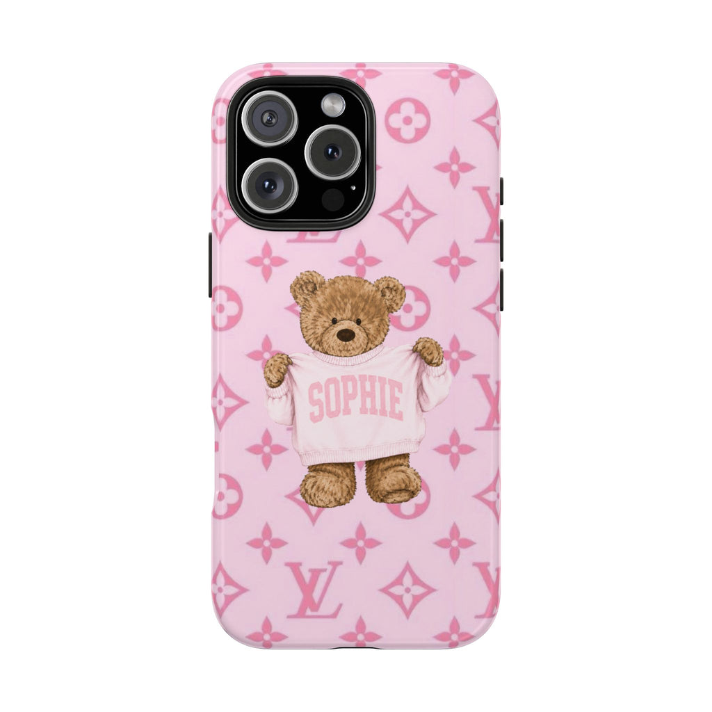 Pink phone case with teddy bear in shirt, custom name Sophie, LV monogram pattern