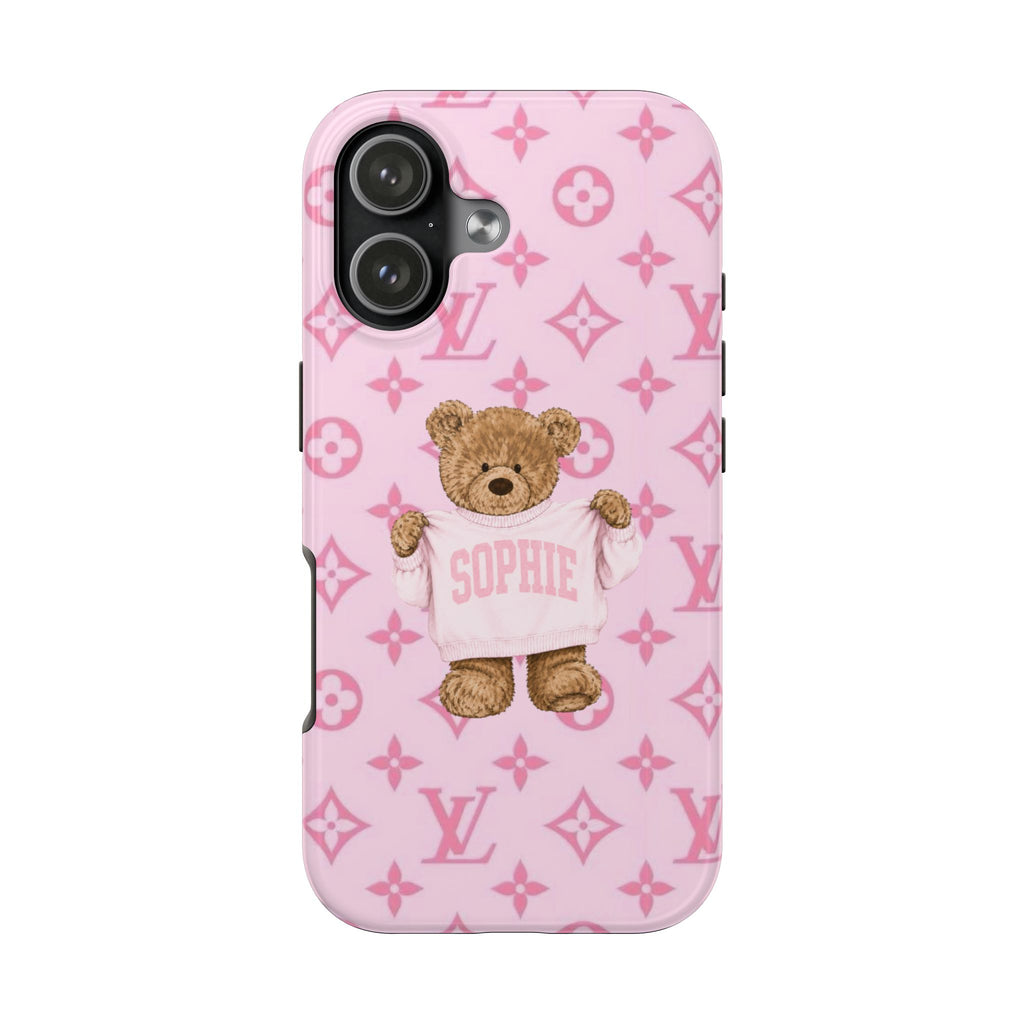 Pink phone case with teddy bear Sophie shirt on LV monogram pattern