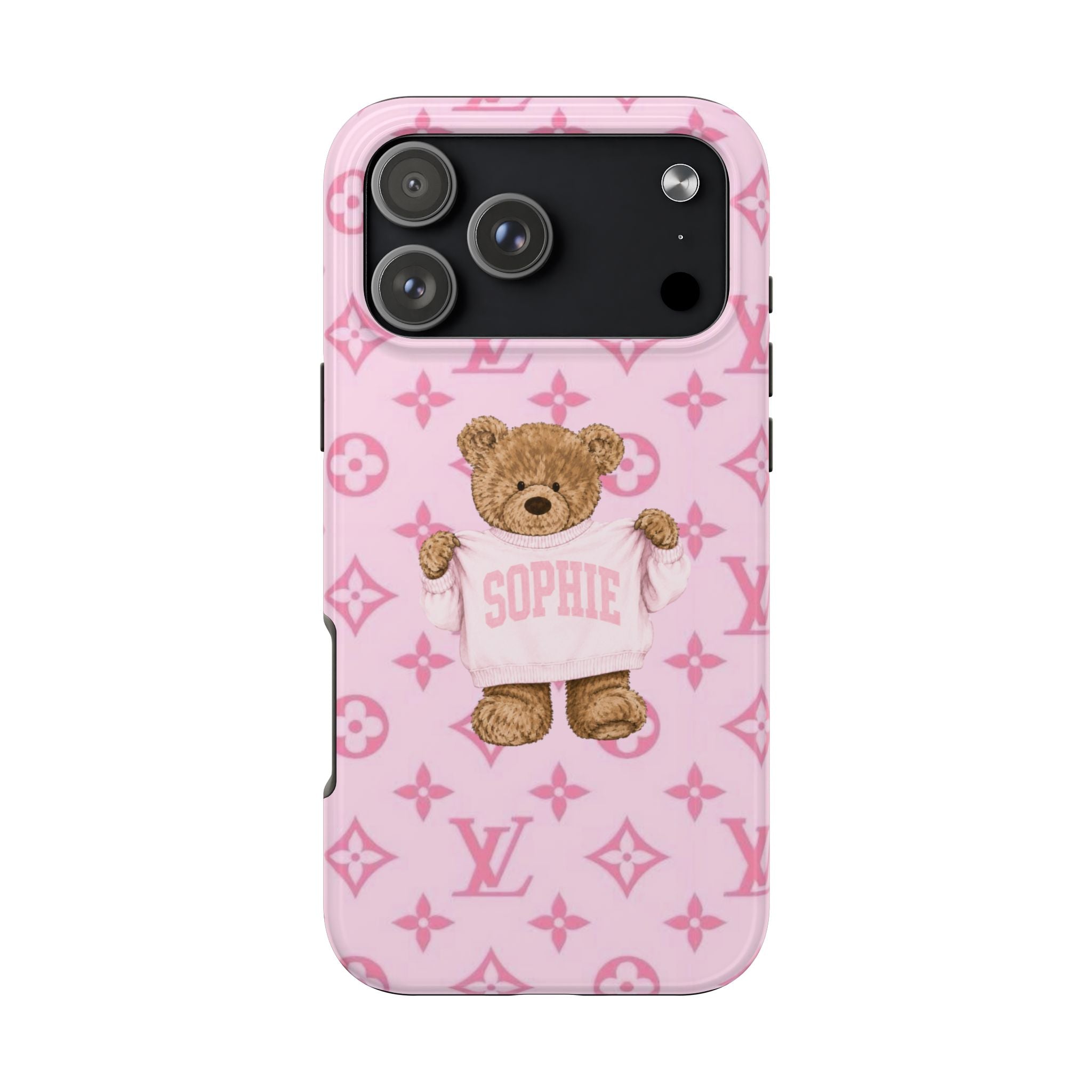 Pink phone case, teddy bear with shirt showing Sophie, LV monogram background