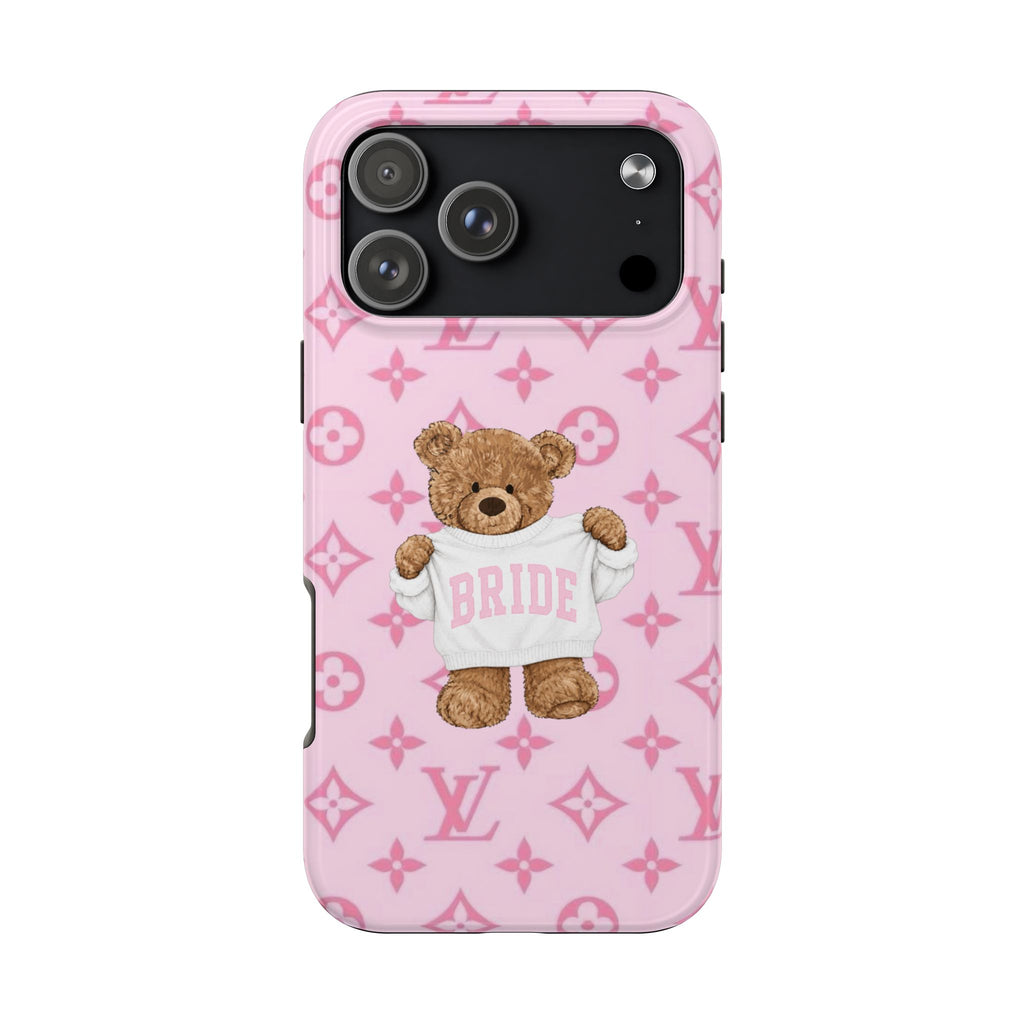 Pink phone case with teddy bear in 'BRIDE' shirt on LV monogram pattern