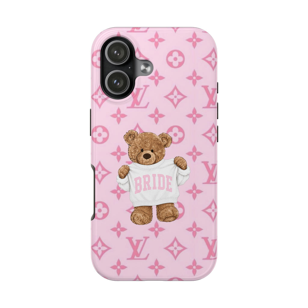 Pink phone case with teddy bear 'BRIDE' design on repeating LV monogram