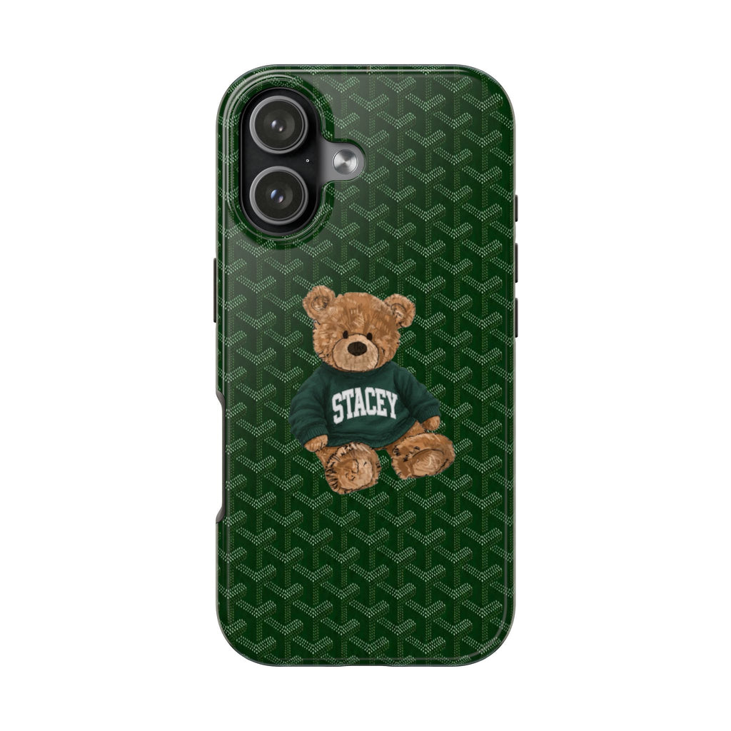 Green Goyard-style phone case with teddy bear and Stacey shirt, centered front view.