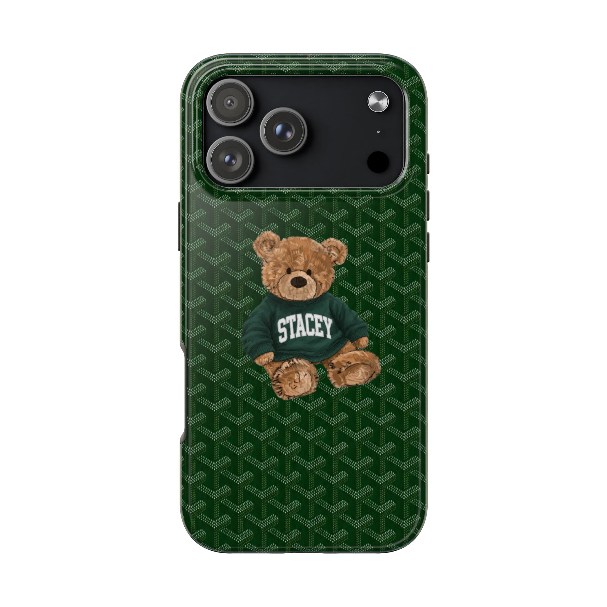 Green phone case with teddy bear holding stance, Stacey shirt, partial camera visible.