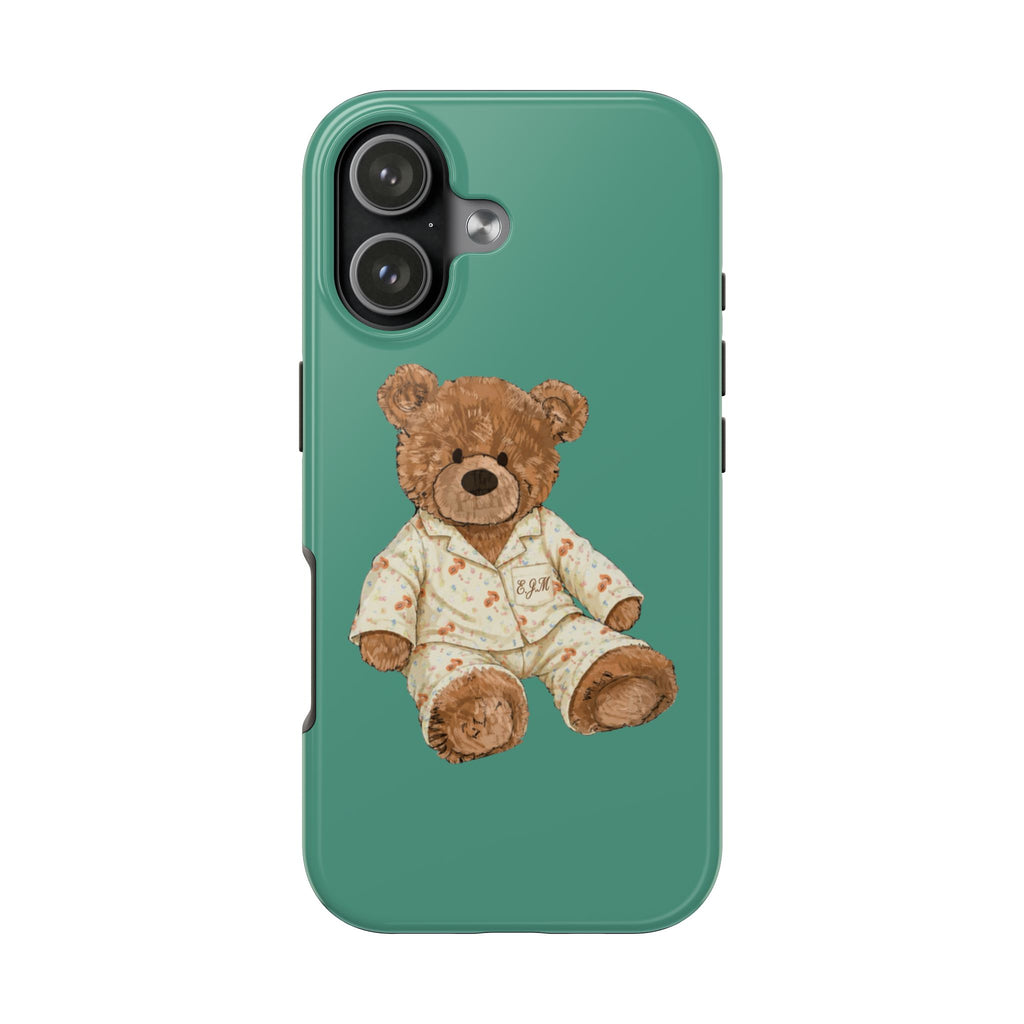 Teal phone case with centered teddy bear in pajama outfit print