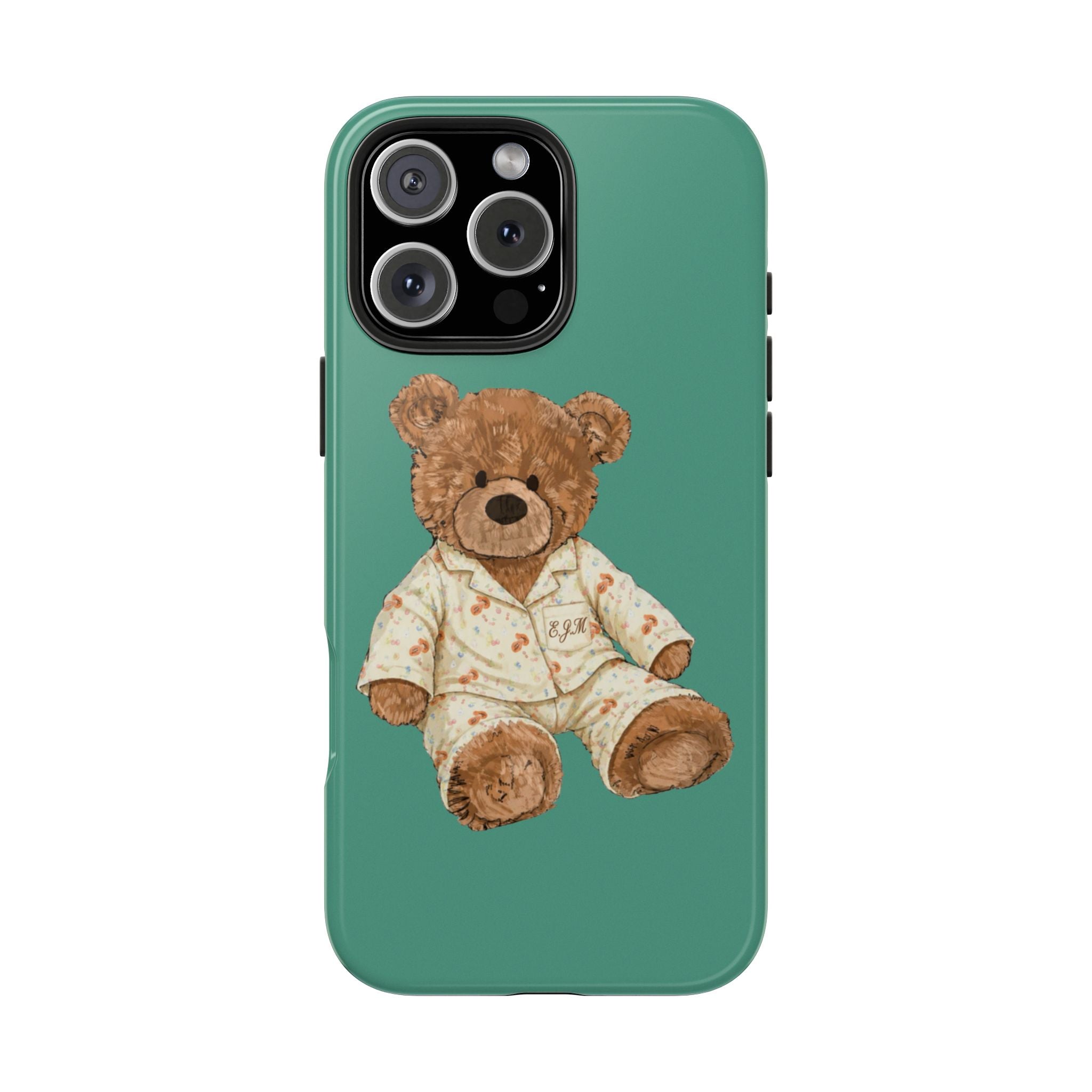 Teal phone case with teddy bear in pajama outfit centered