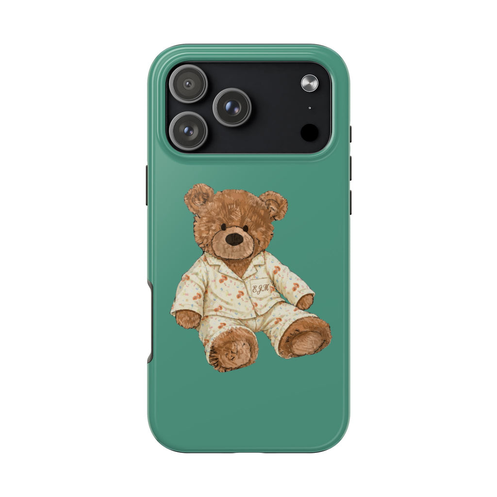 Teal phone case with teddy bear pajama pocket print