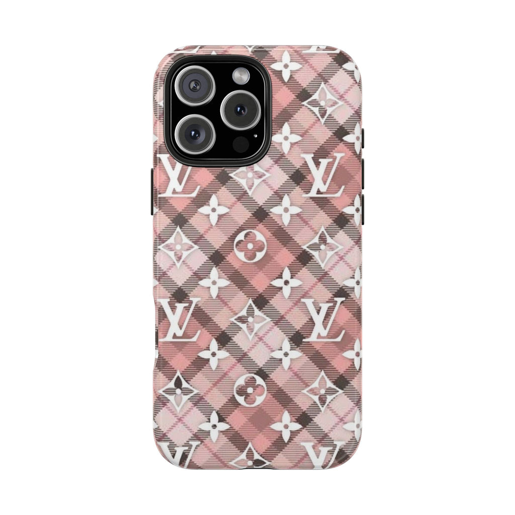 Plaid LV phone case with pink check pattern and LV logos; camera cutouts