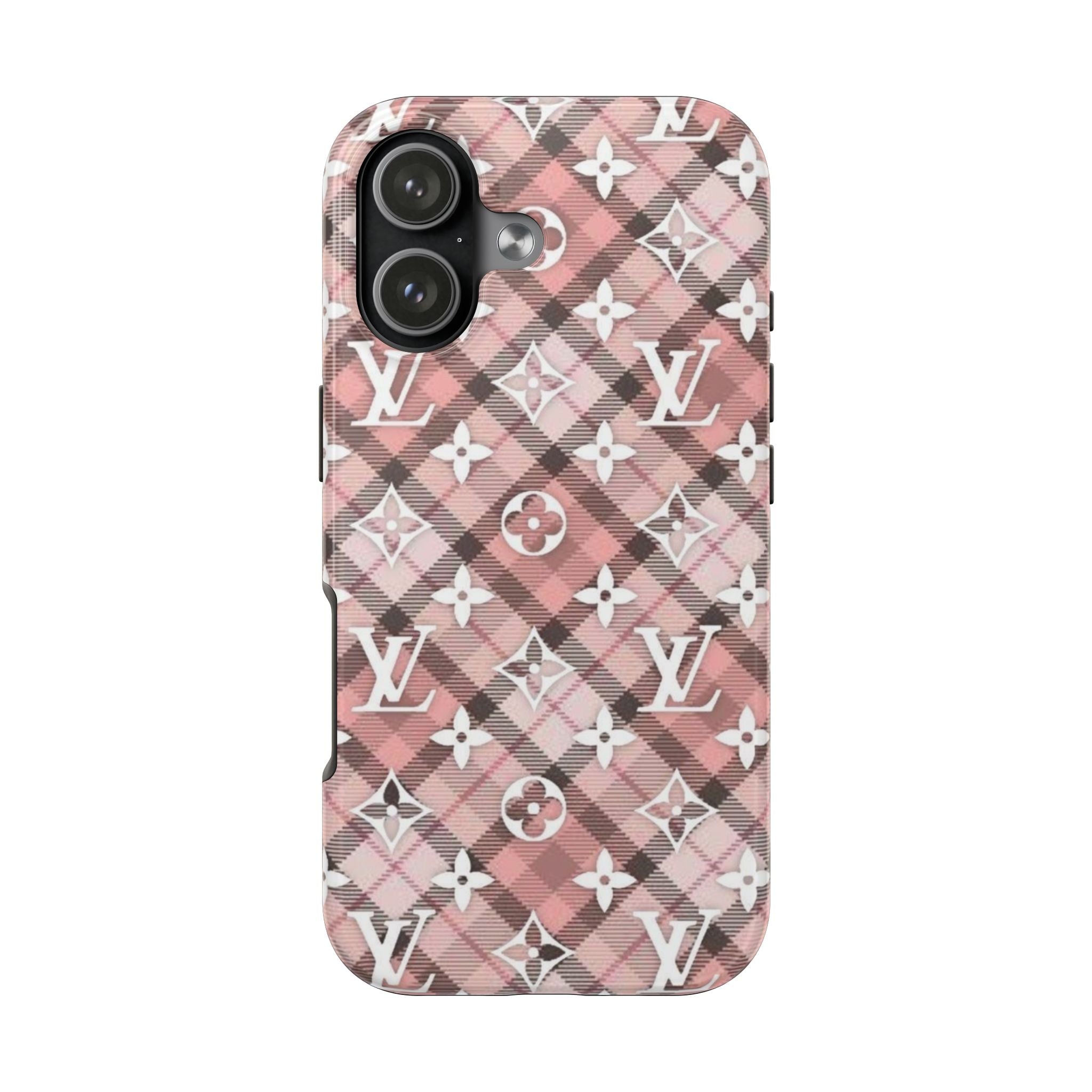Plaid LV phone case in pink and dark plaid with white icons; camera cutout