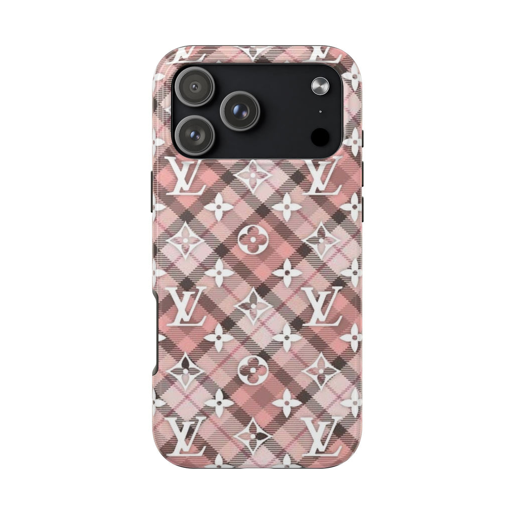 Plaid LV phone case with pink plaid and LV monograms; camera cutouts