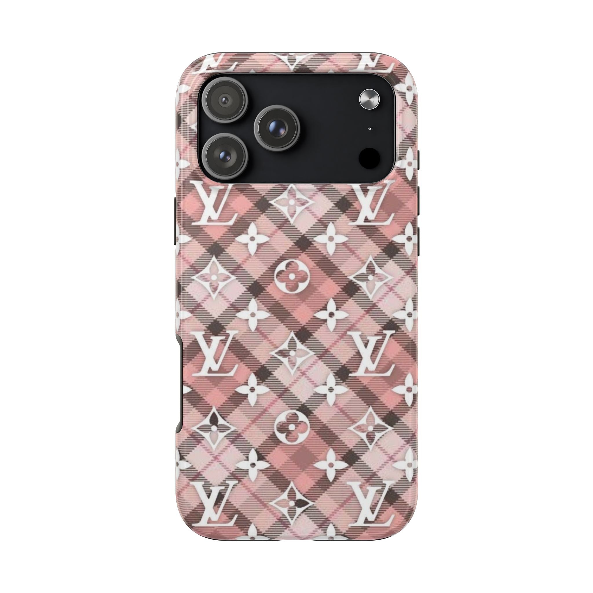 Plaid LV phone case with pink plaid and LV monograms; camera cutouts