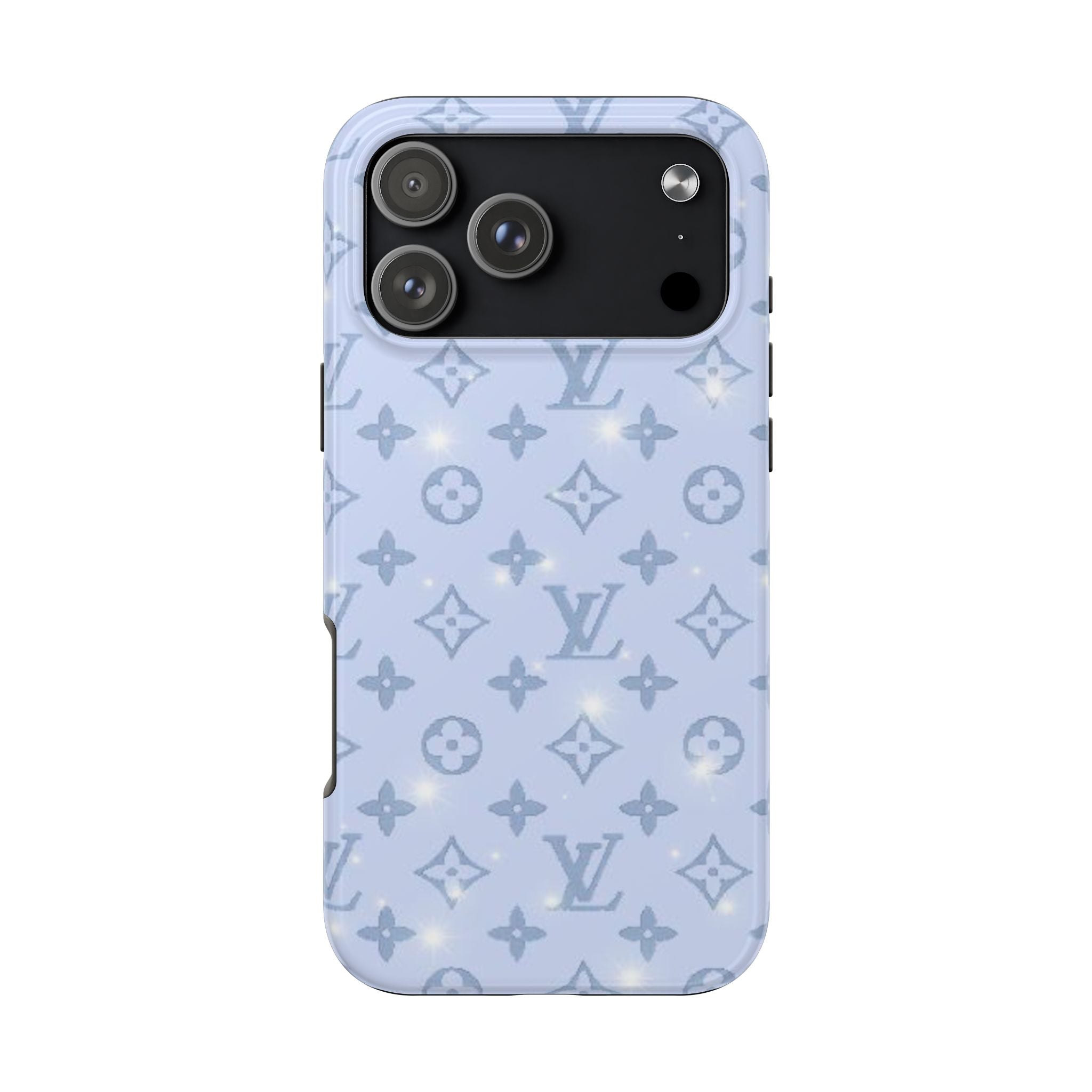 Baby blue sparkle LV monogram phone case with camera cutouts, glossy finish
