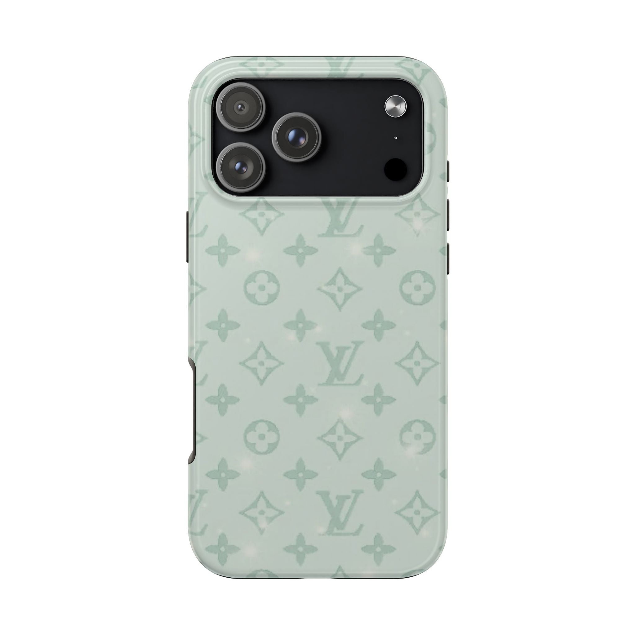 Sage green patterned phone case with monogram icons and camera cutout