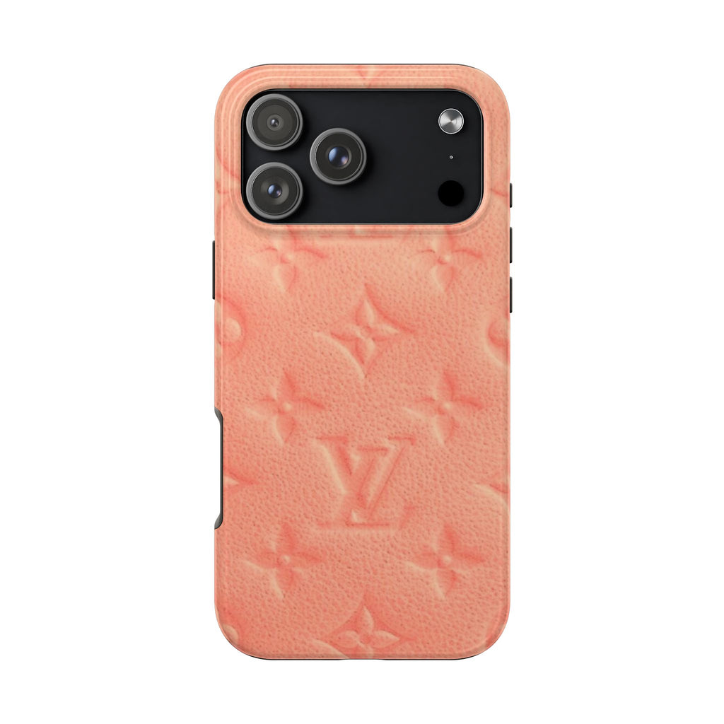 Apricot orange phone case with embossed LV-style monogram pattern and camera openings