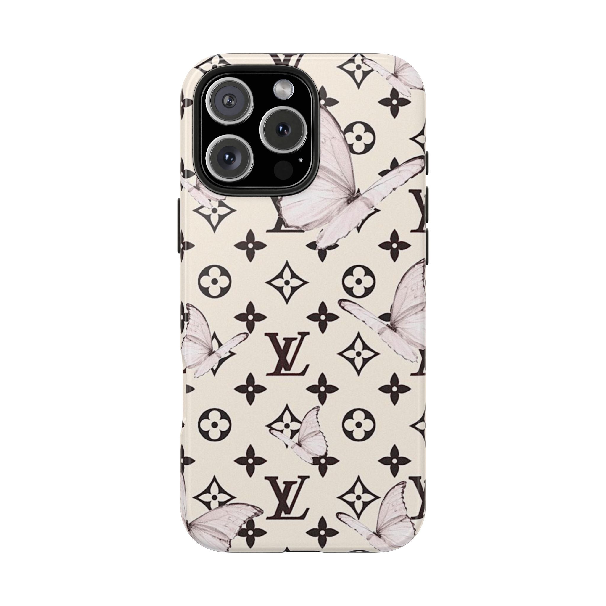 Cream phone case with butterfly and monogram pattern, large quad camera opening