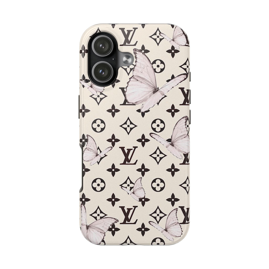 Cream phone case with scattered butterfly, flower, and monogram pattern, camera cutout