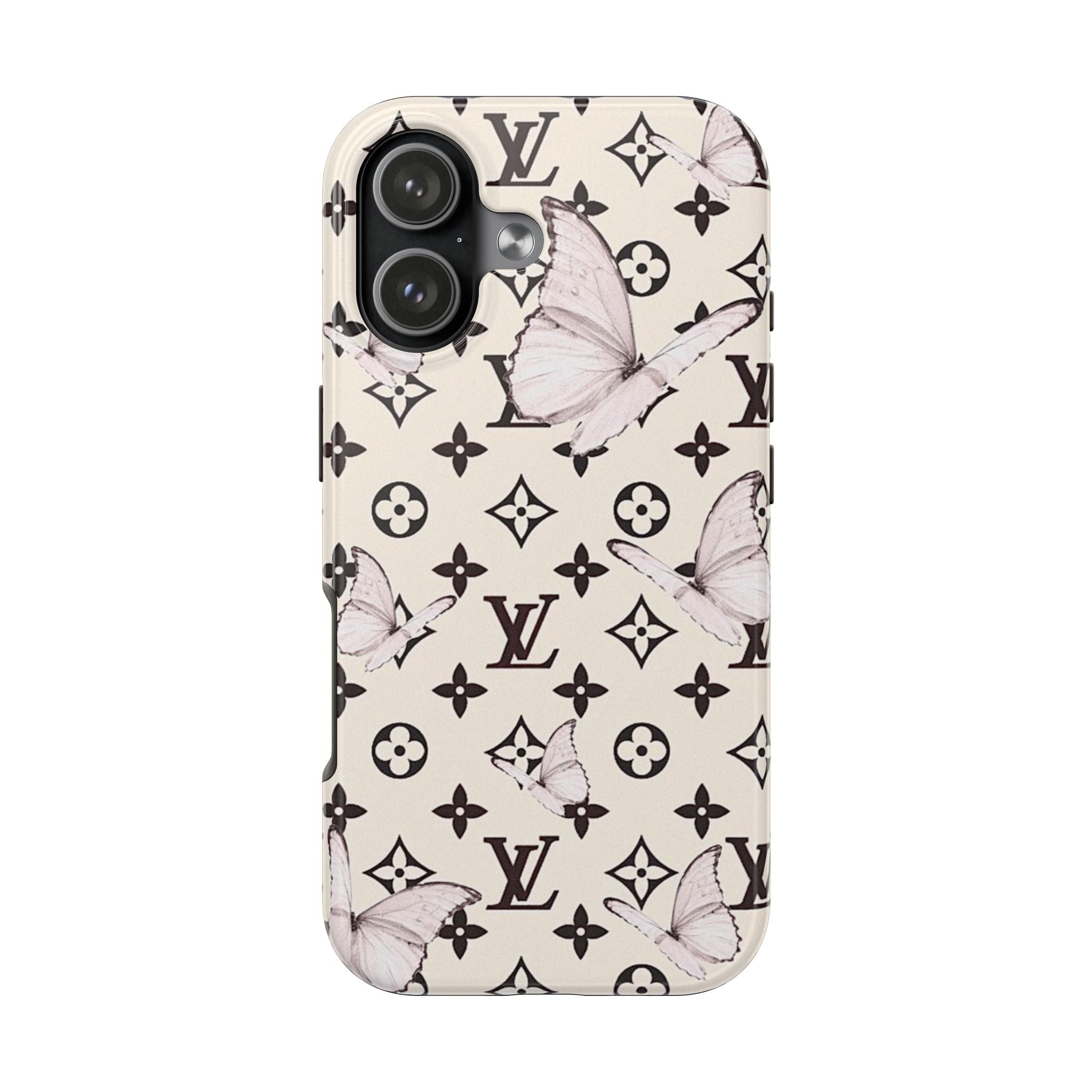 Cream phone case with scattered butterfly, flower, and monogram pattern, camera cutout