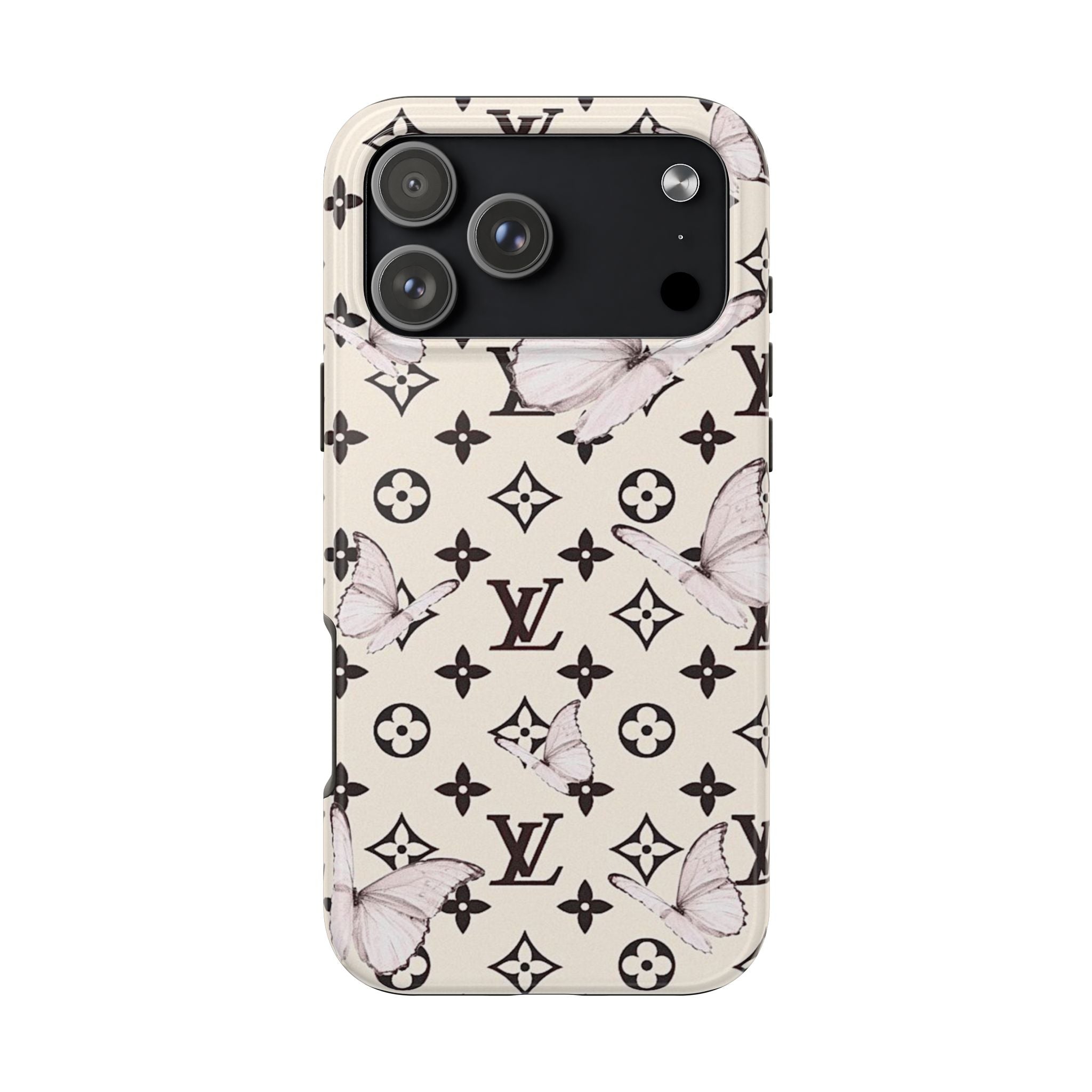 Cream phone case with butterfly and monogram pattern, raised camera cutouts