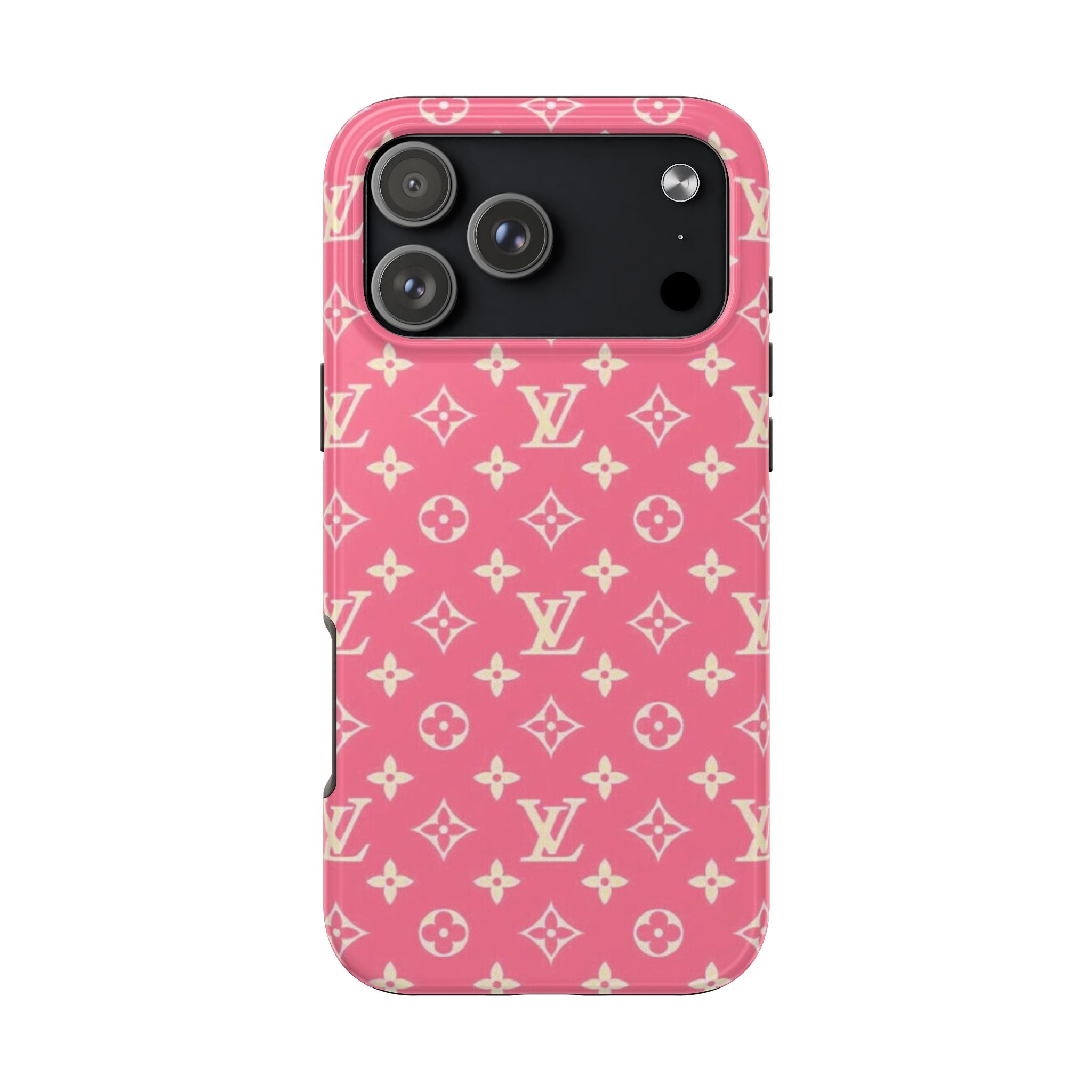 Raspberry pink phone case with LV monogram pattern, camera cutout and side buttons