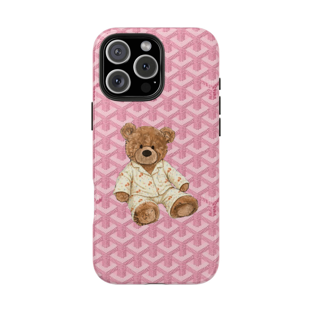 Pink patterned phone case with teddy bear in pajamas and camera cutout