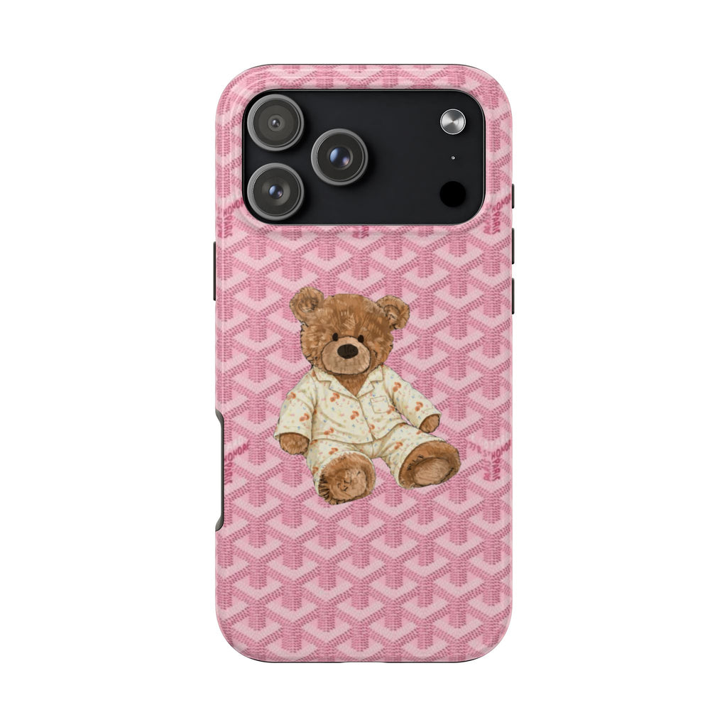 Pink patterned phone case with sitting teddy bear and camera cutout on back