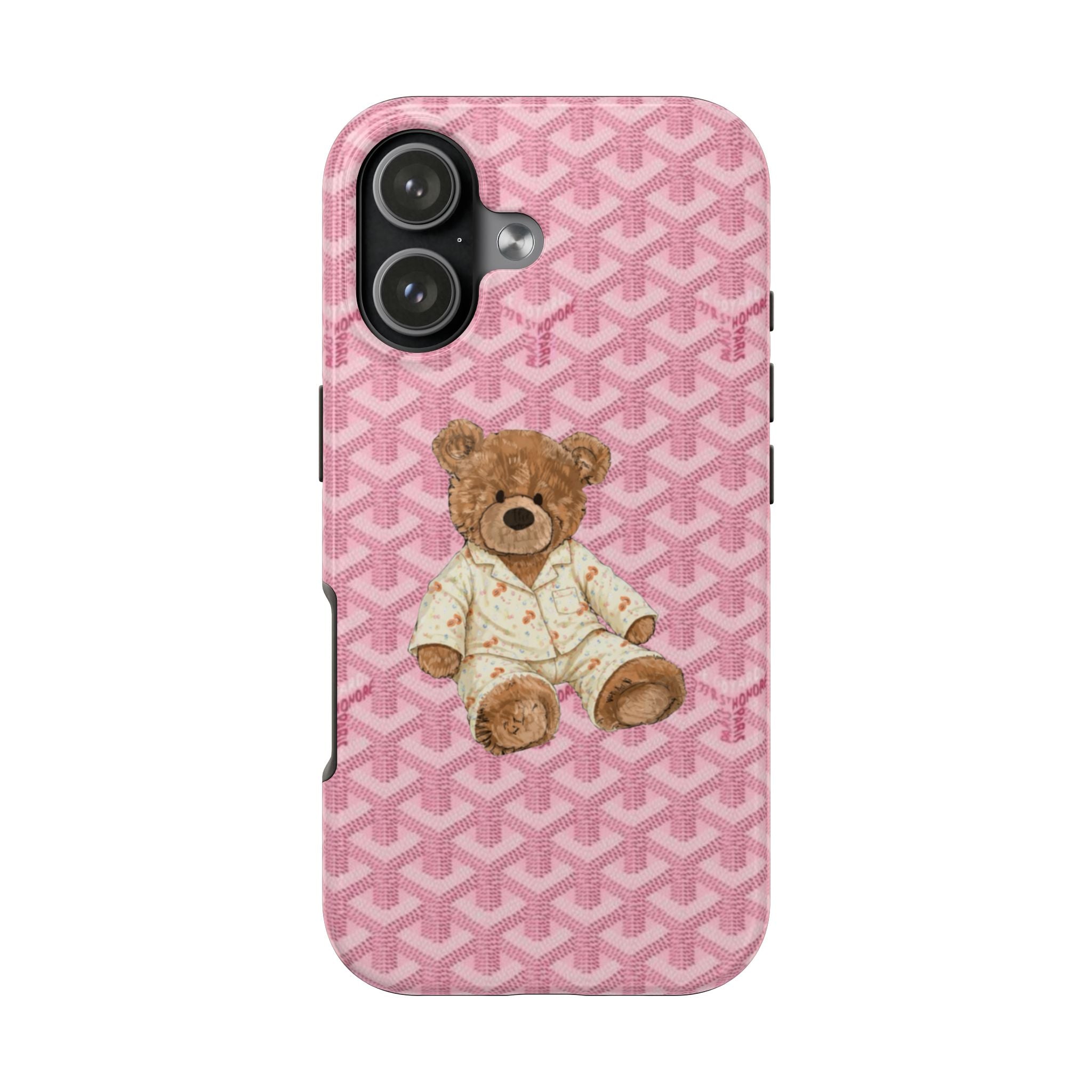Pink patterned phone case with teddy bear front print and camera cutout