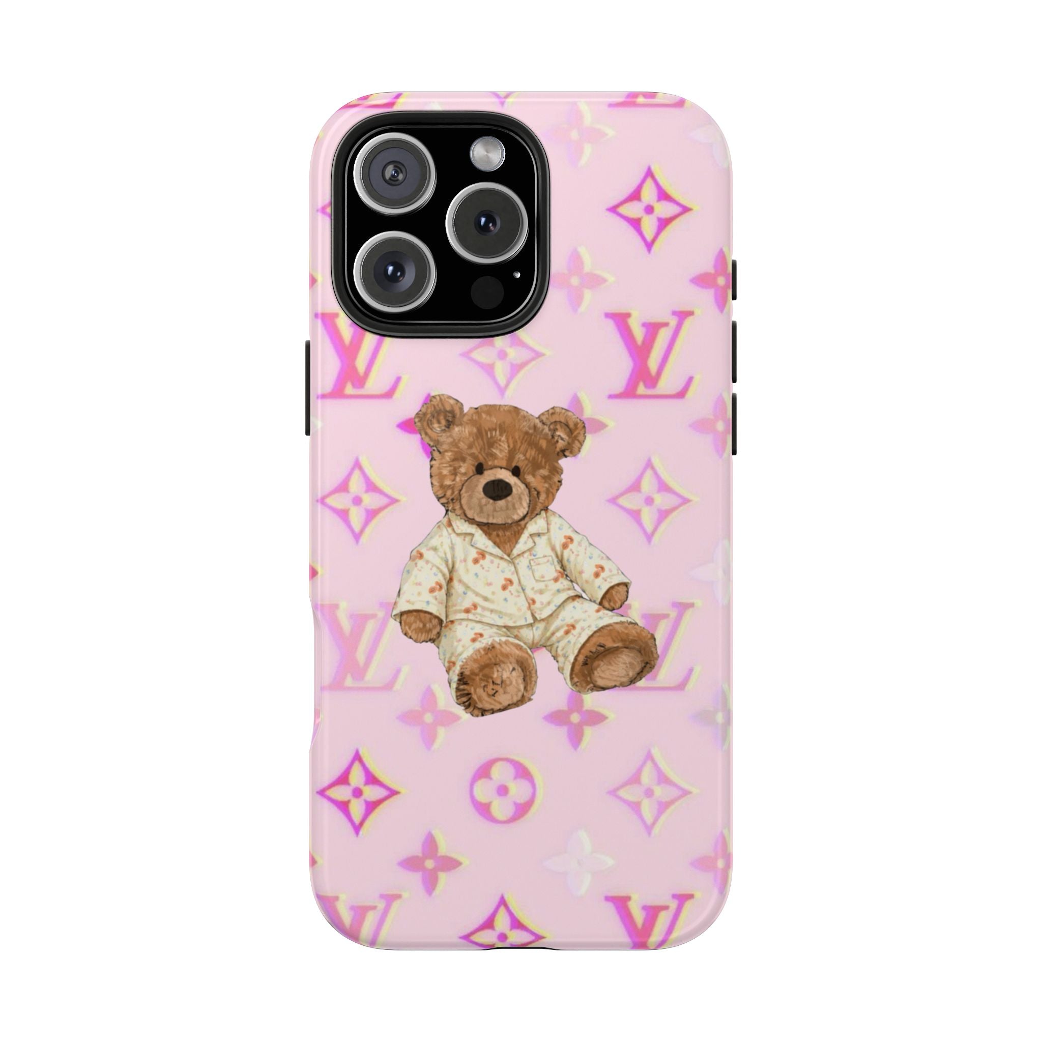 Pink phone case with teddy bear in outfit and purple LV monogram pattern