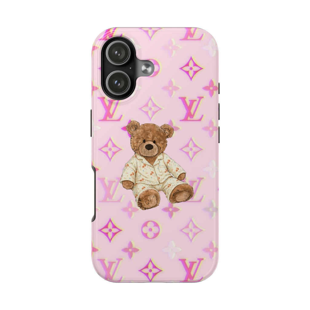 Pink phone case with teddy bear graphic and purple LV monogram pattern