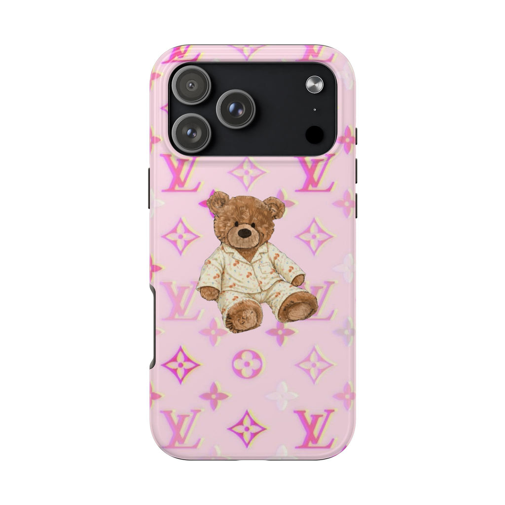 Pink phone case with teddy bear graphic, purple LV monograms, and camera cutouts