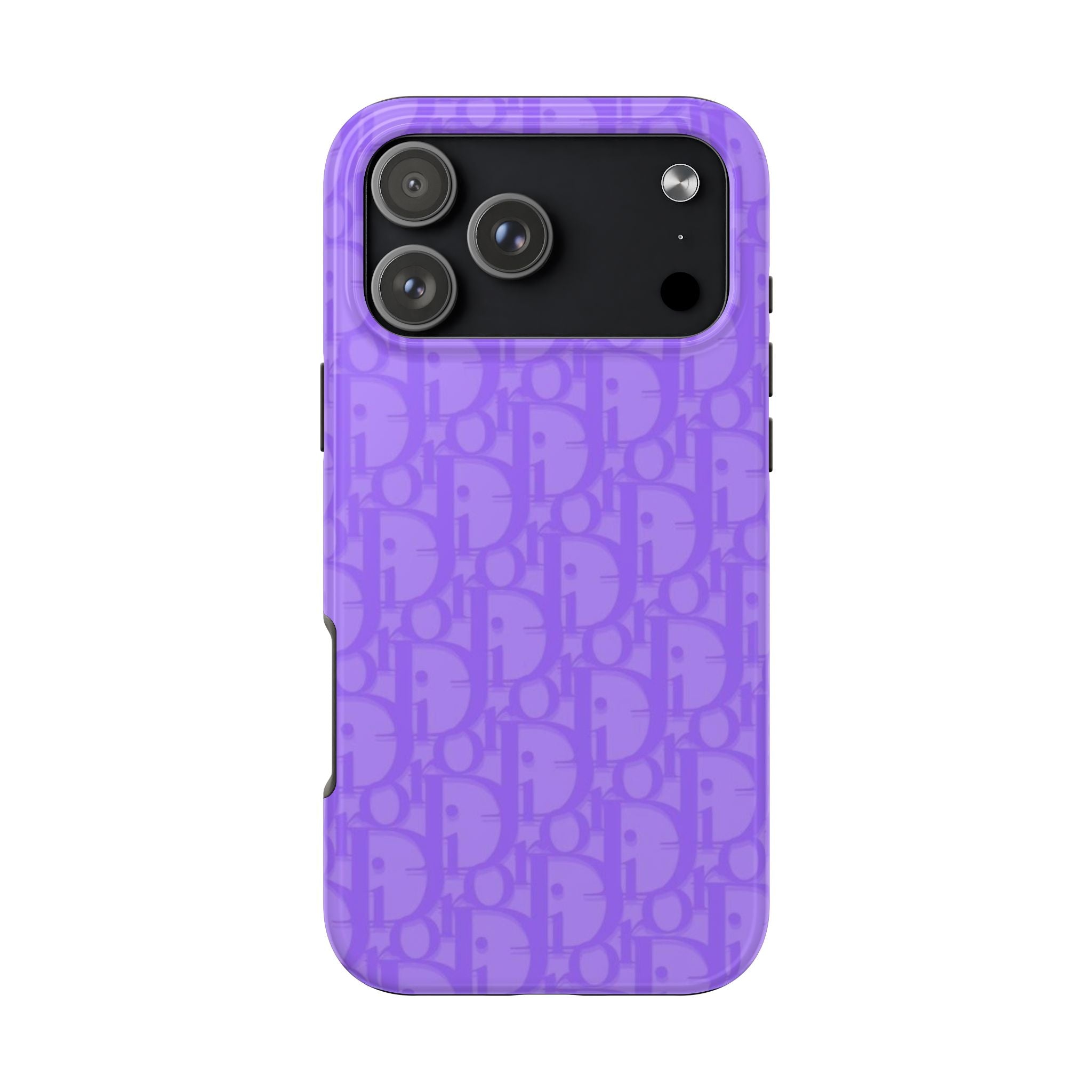 Purple Dior phone case with monogram pattern and camera cutouts