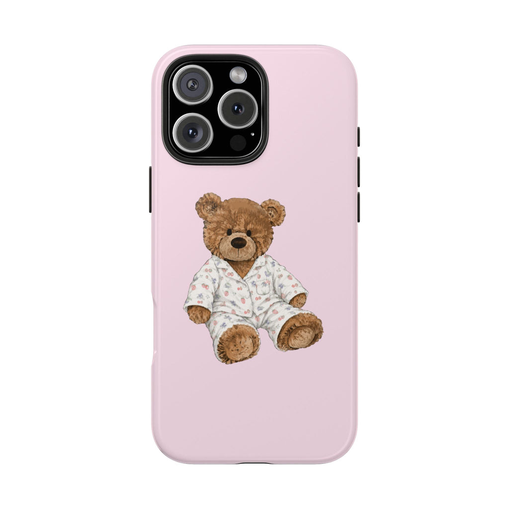 Pink phone case with teddy bear in patterned pajamas graphic