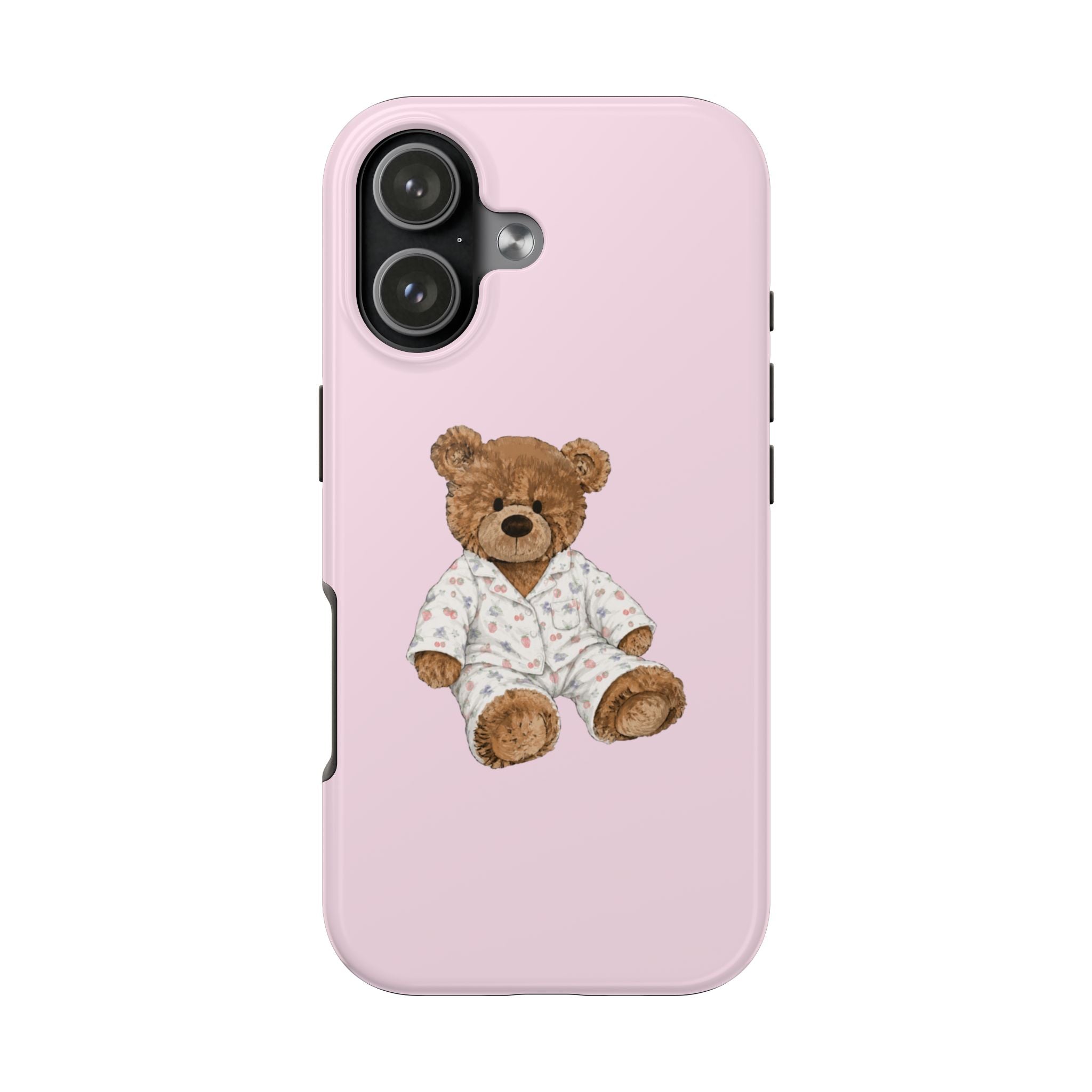 Pink phone case with teddy bear in light pajama outfit graphic