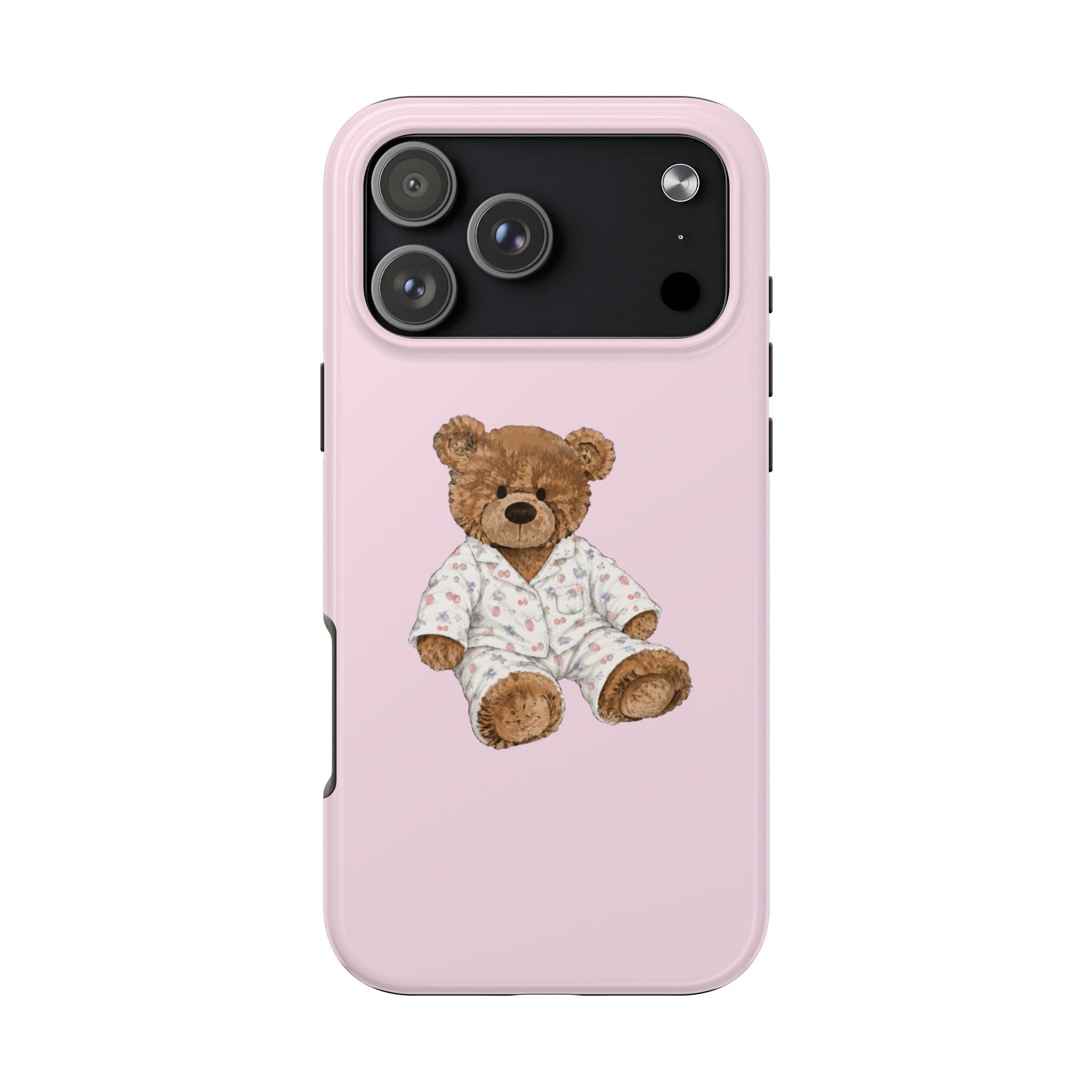Pink phone case with teddy bear in patterned pajamas centered graphic