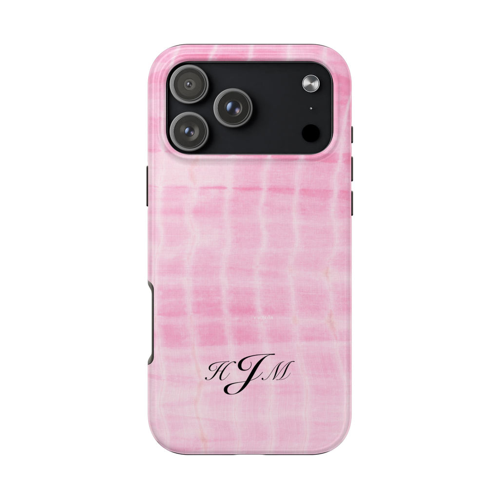 Pink shibori tie-dye phone case with HJM monogram, black camera panel cutout
