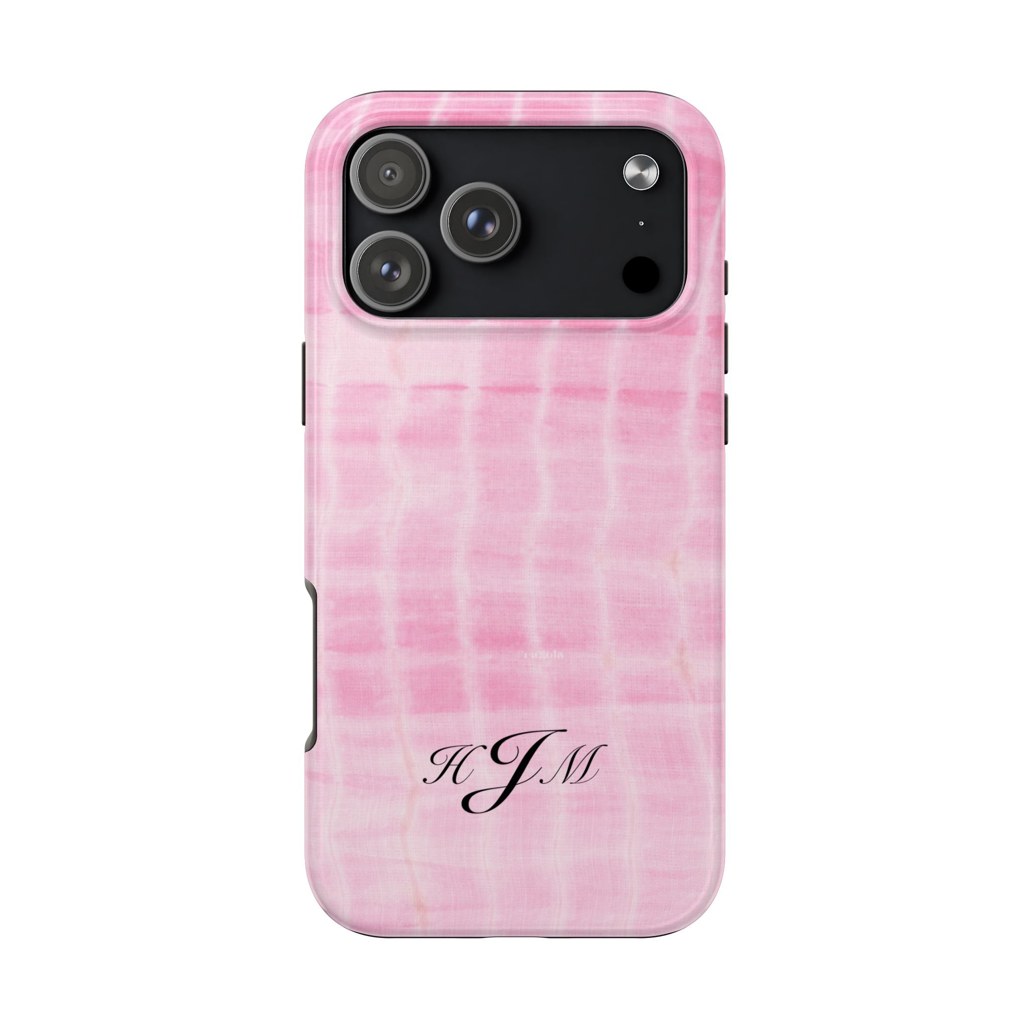 Pink shibori tie-dye phone case with HJM monogram, black camera panel cutout
