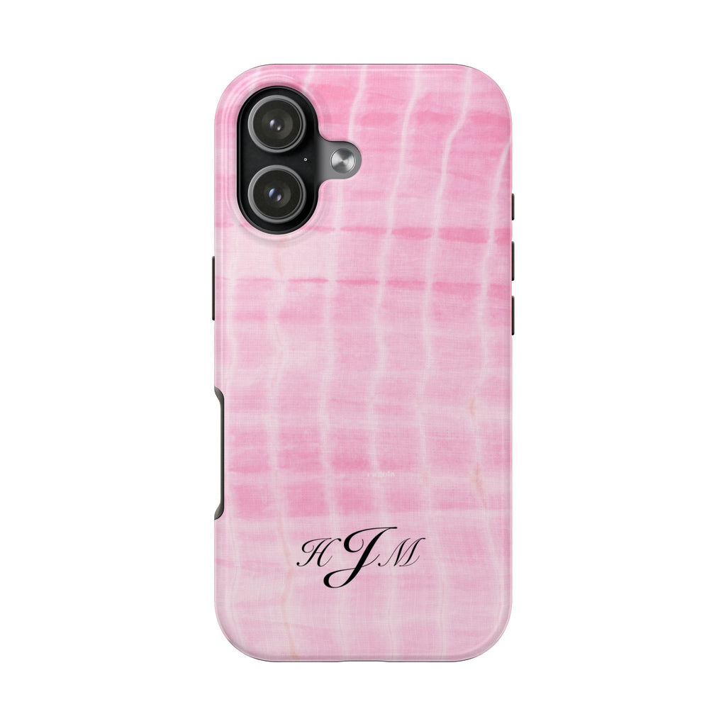Pink shibori tie-dye phone case with HJM monogram, centered on smooth back