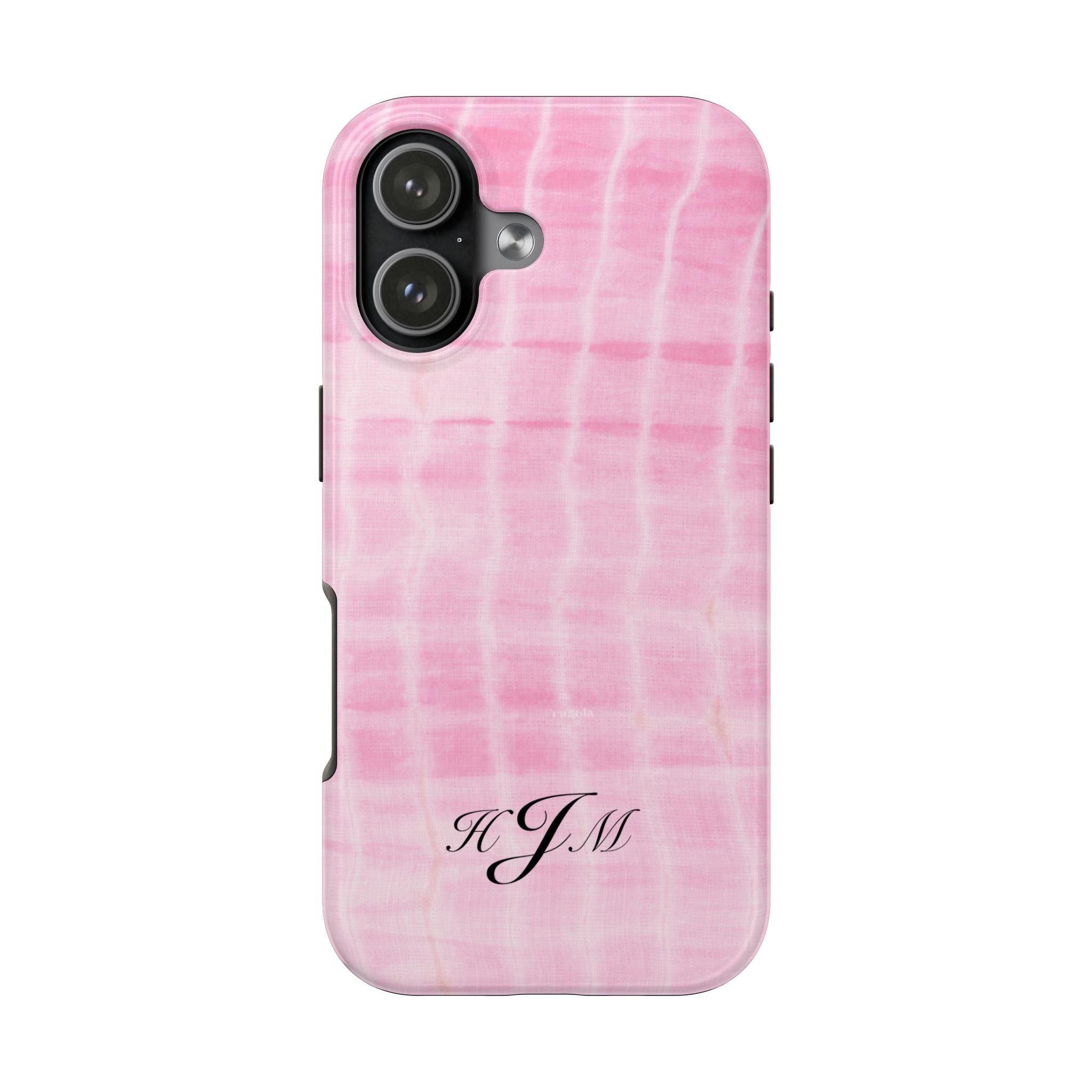 Pink shibori tie-dye phone case with HJM monogram, centered on smooth back