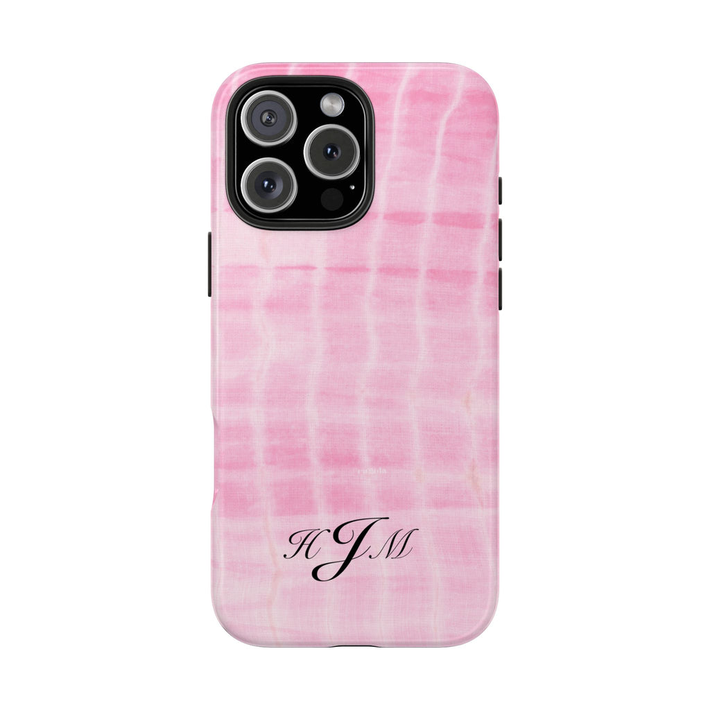 Pink shibori tie-dye phone case with HJM monogram, full back coverage
