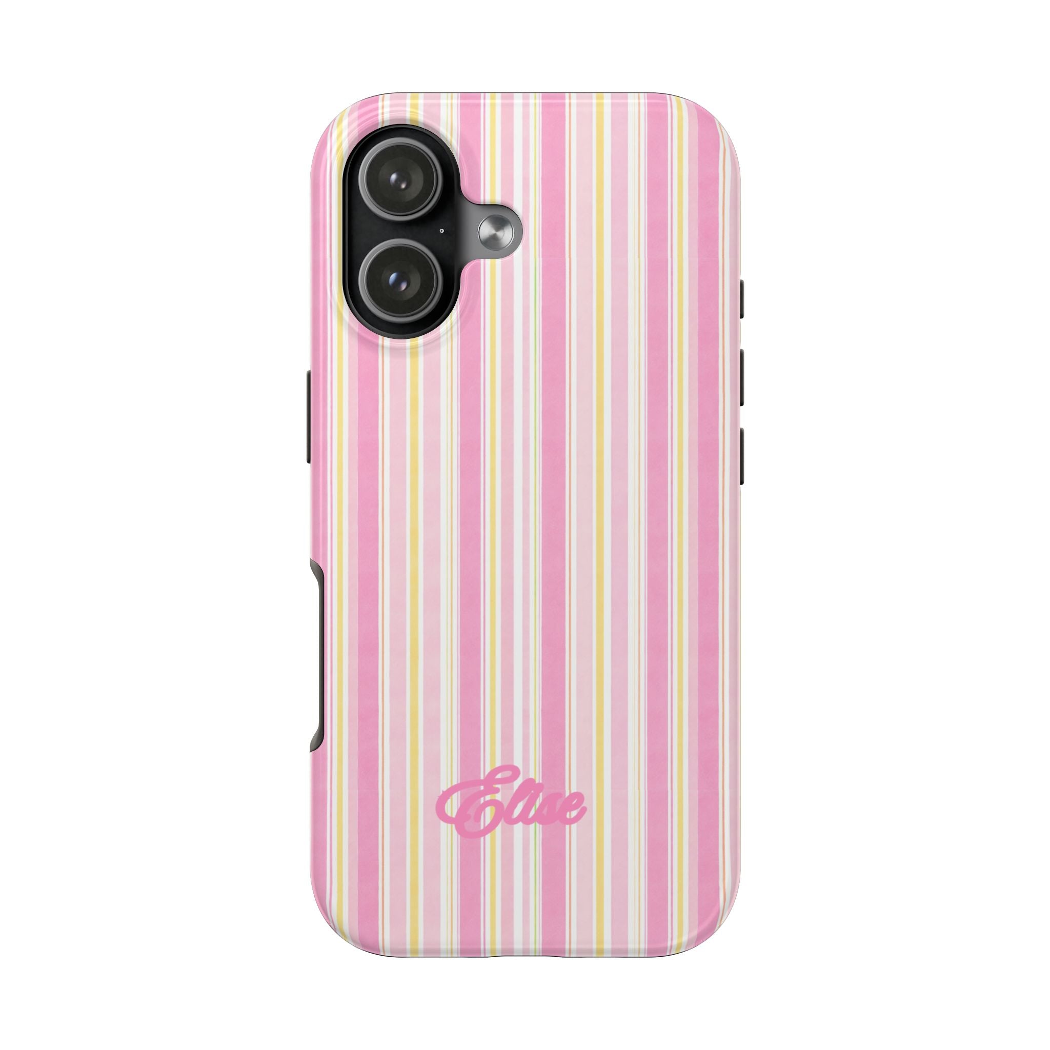 Phone case with vertical pink and white stripes, cursive custom name, visible camera module