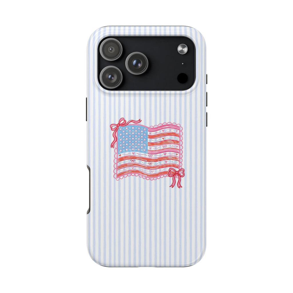 AMERICANA SUMMER BLUE STRIPES COQUETTE USA BOW FLAG PHONE CASE