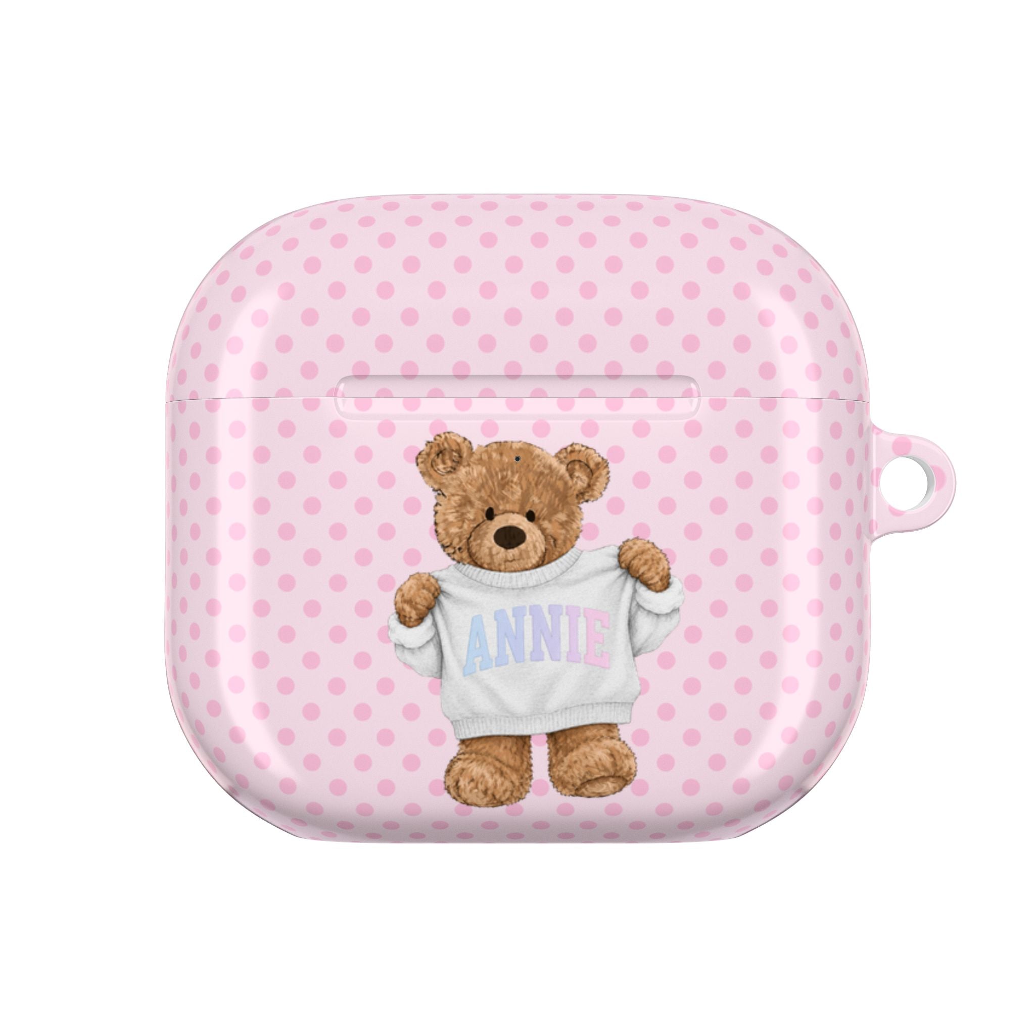 PERSONALIZED VARSITY SWEATER PINK POLKA DOTS CUSTOM TEDDY BEAR NAME AIRPOD CASE