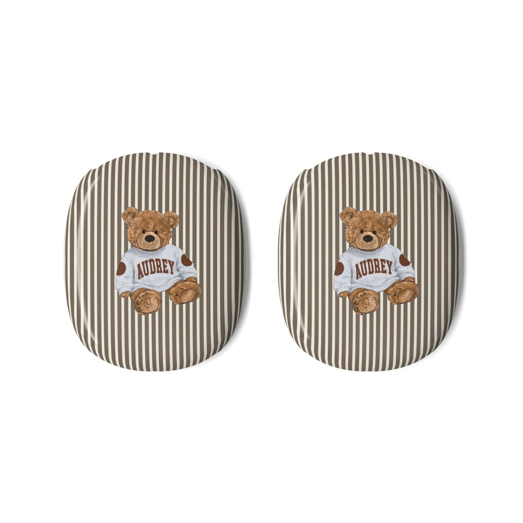 PERSONALIZED VARSITY SWEATER BROWN STRIPES CUSTOM TEDDY BEAR NAME AIRPODS MAX CASE COVERS