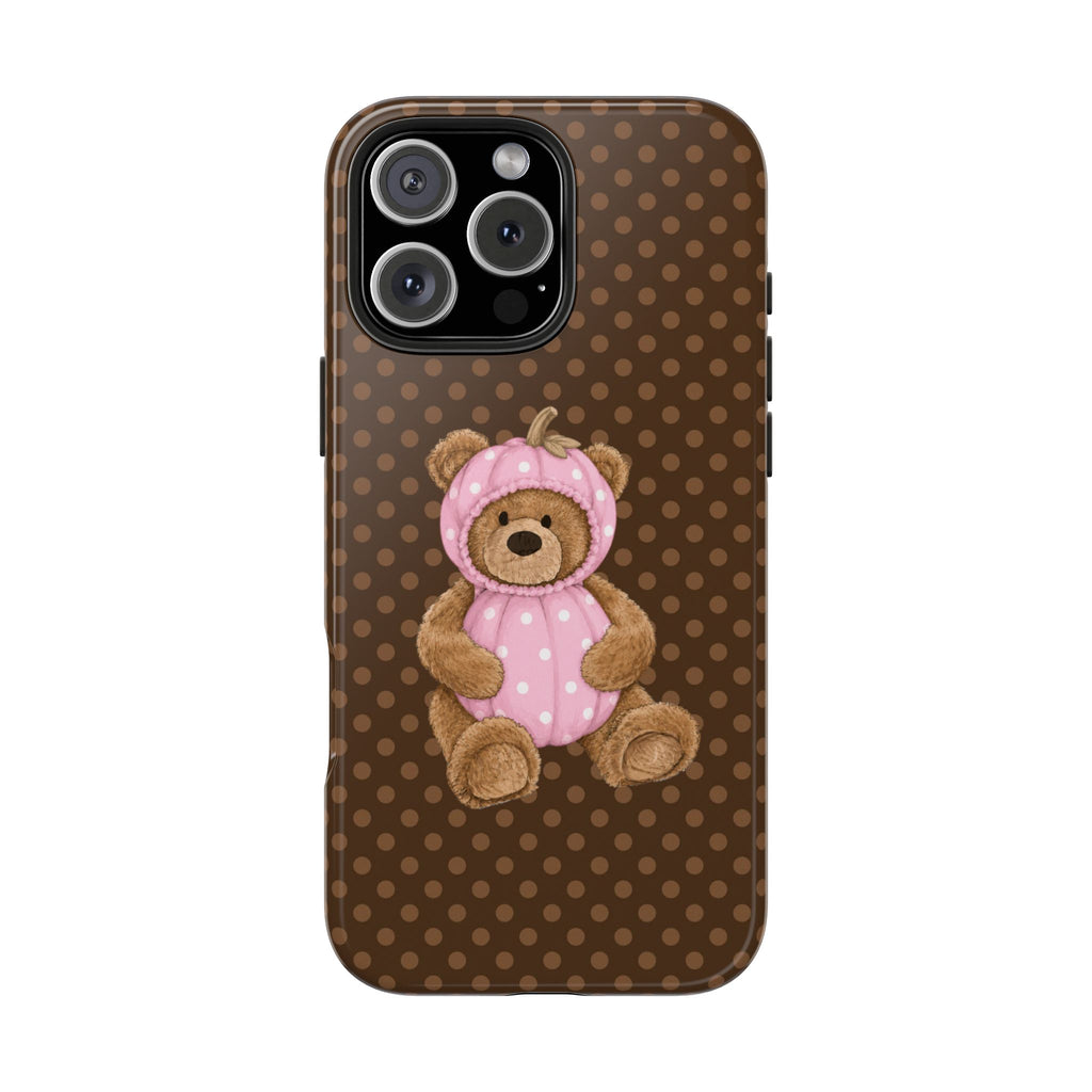 BROWN POLKA DOTS HALLOWEEN PINK PUMPKIN TEDDY BEAR PHONE CASE
