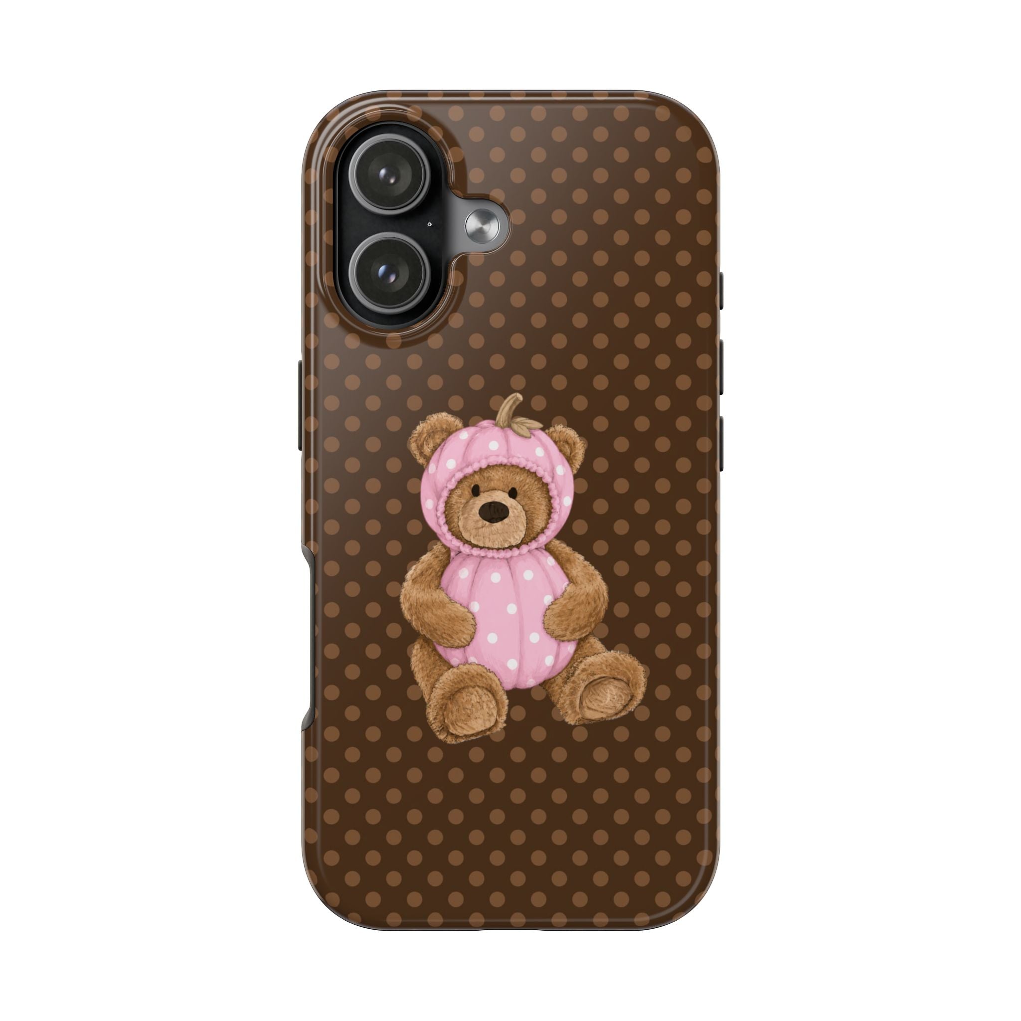 BROWN POLKA DOTS HALLOWEEN PINK PUMPKIN TEDDY BEAR PHONE CASE
